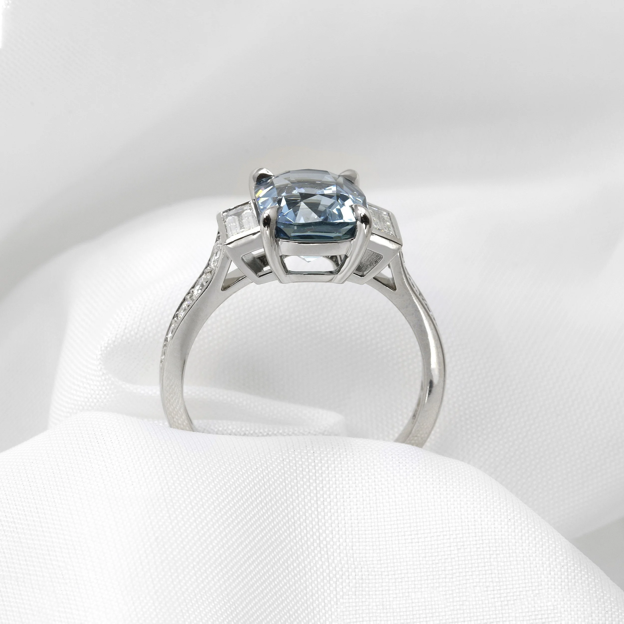 Steel Blue Sapphire and Diamond Ring in Platinum