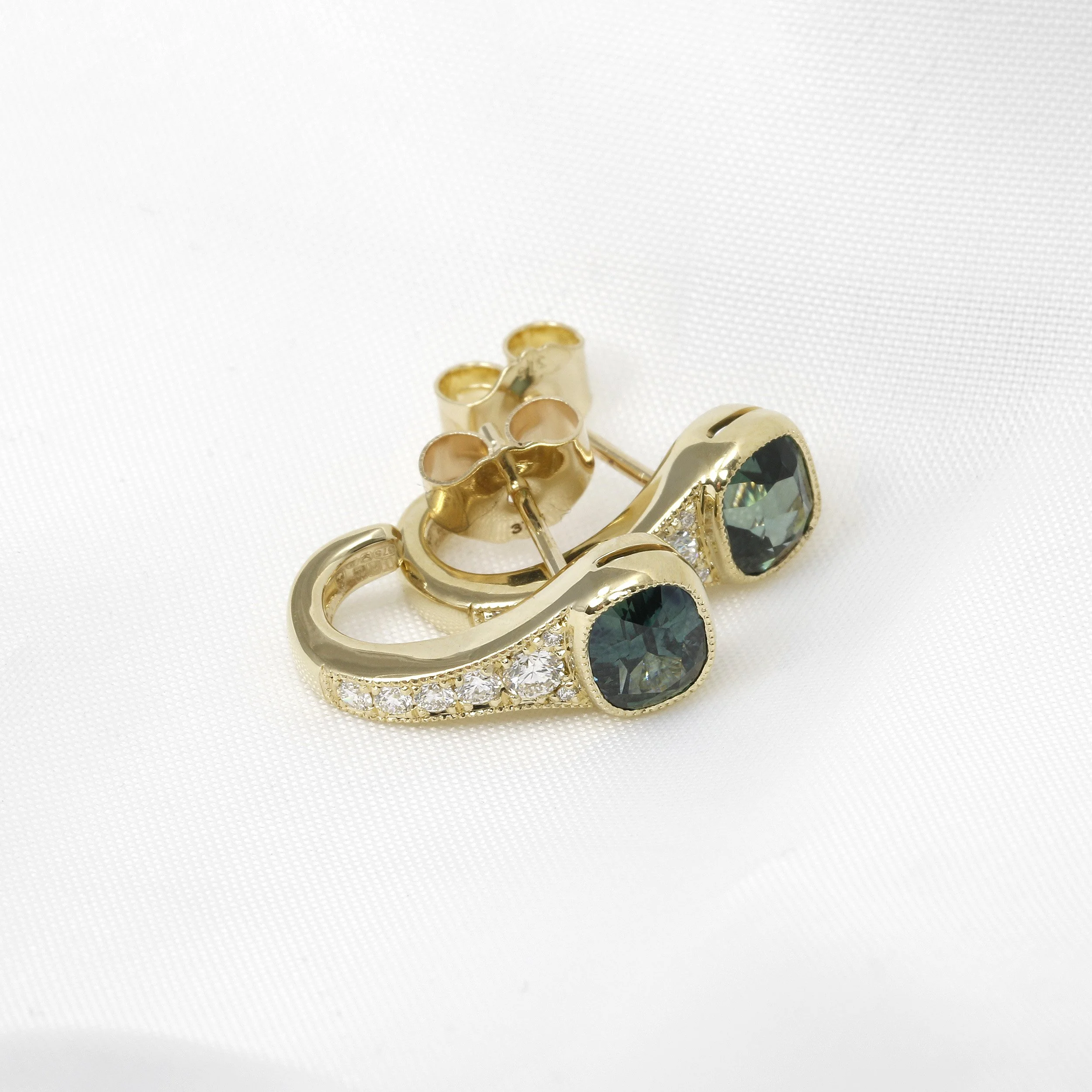 Teal Sapphire and Diamond Hoop Earrings in Yellow Gold