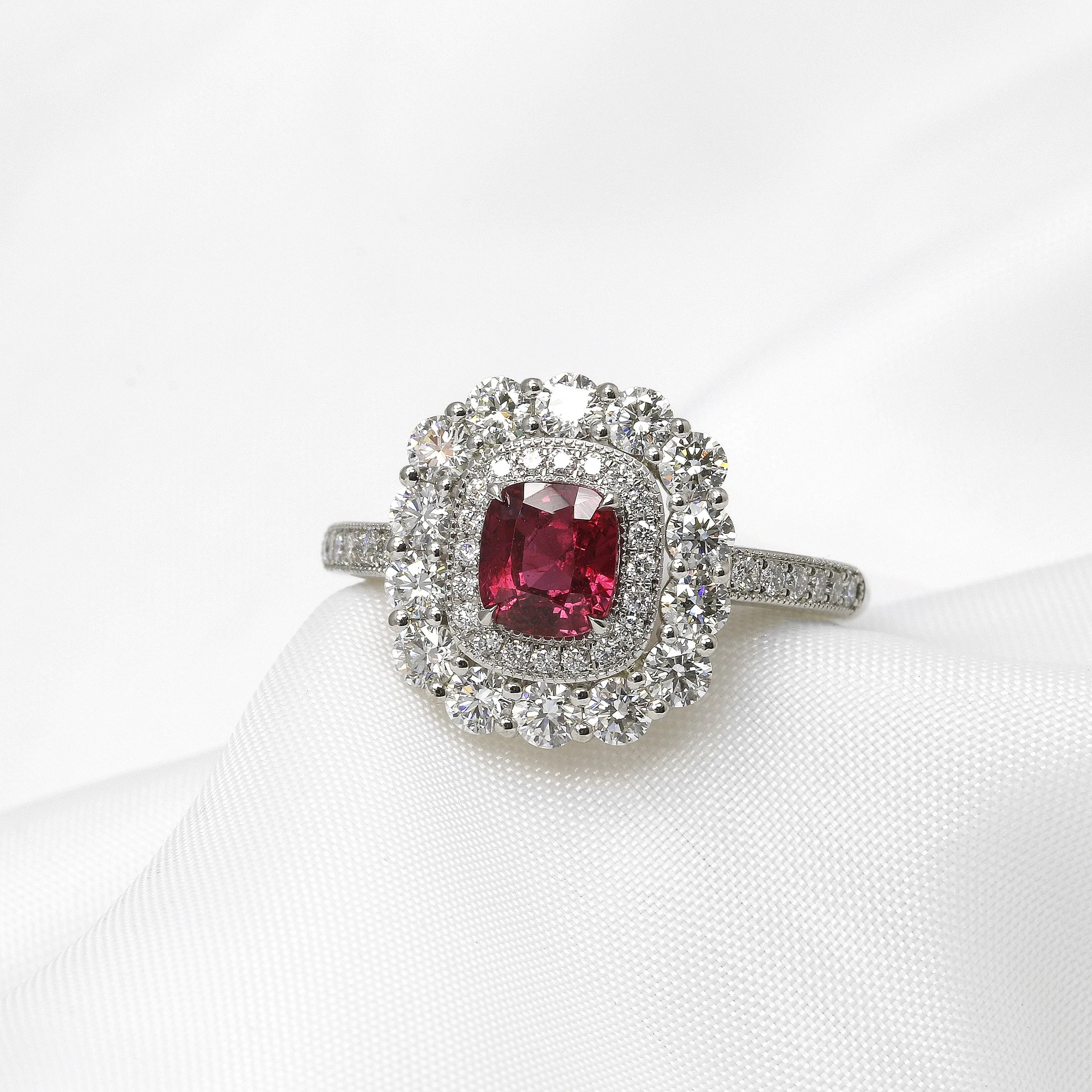  Ruby and Diamond Double Halo Ring in Platinum £5,995.00 