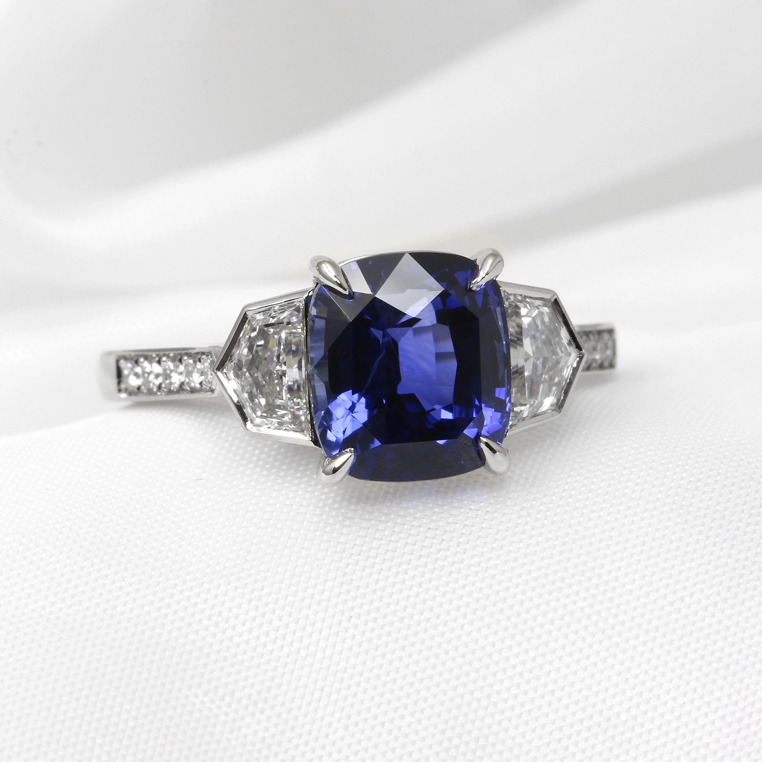  Timothy Roe Cushion Sapphire and Cadillac Diamond Ring in Platinum £15,995.00 