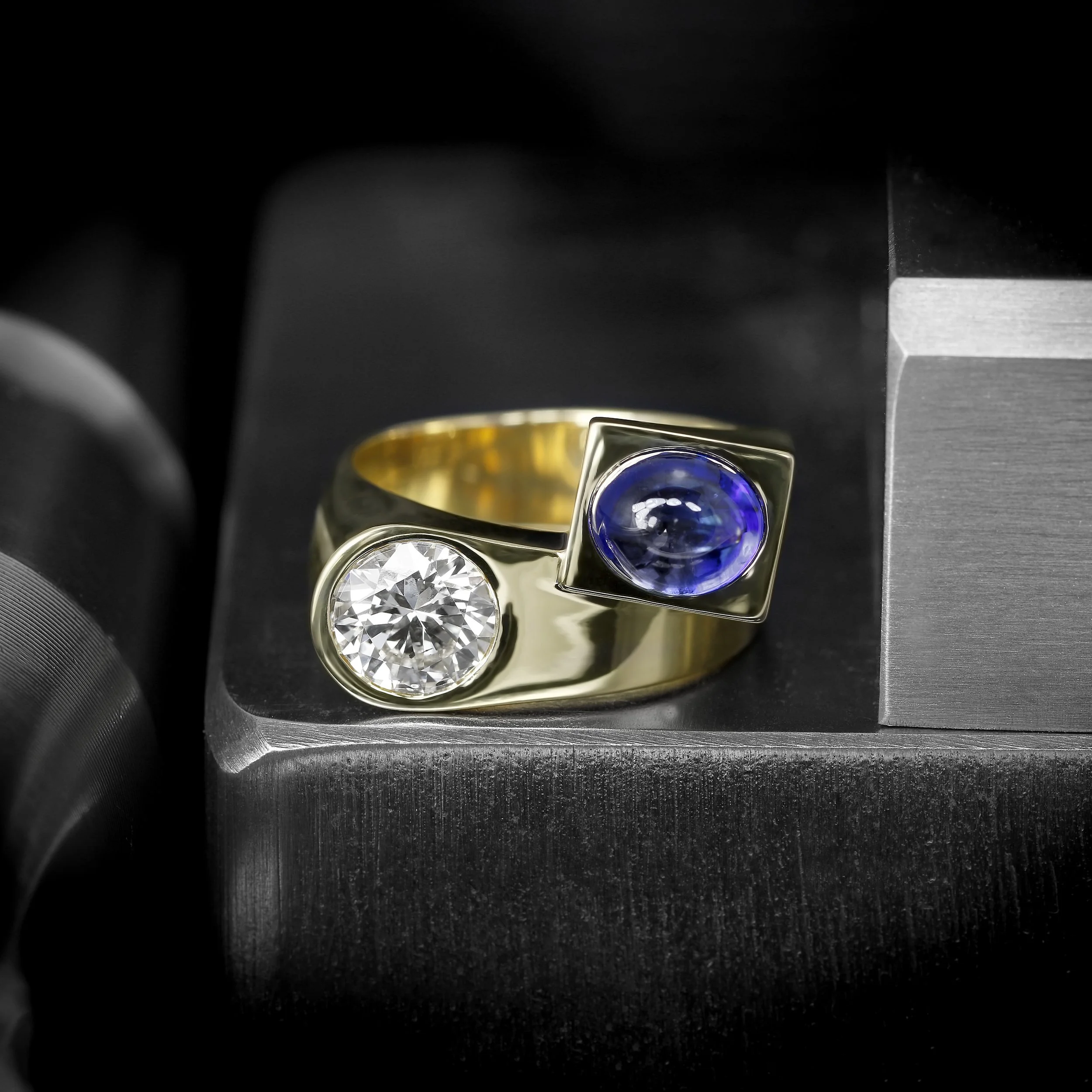  Bespoke Commission: Diamond and Sapphire Cabochon Ring in Yellow Gold 