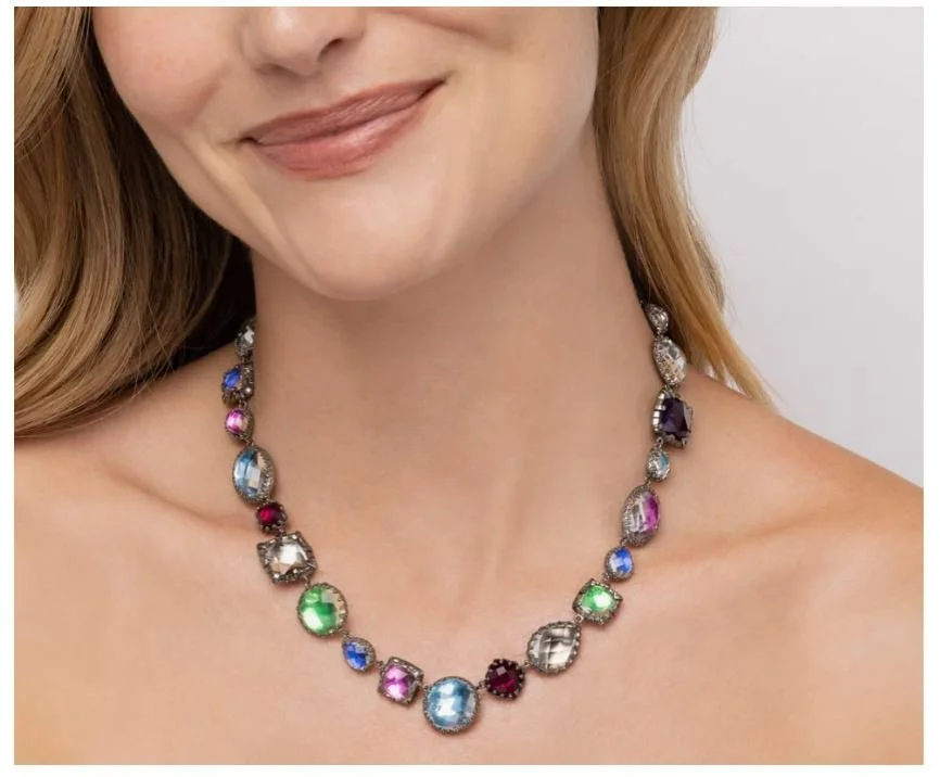   Larkspur and Hawk Foil backed jewellery: Sadie Large Rivière (Black Rhodium or Yellow Gold Wash)  Black Rhodium Washed Sterling Silver&nbsp;with Box Clasp. White Quartz (155ct) lined with&nbsp;Multi-Crazy Quilt&nbsp;Foil. $5300  