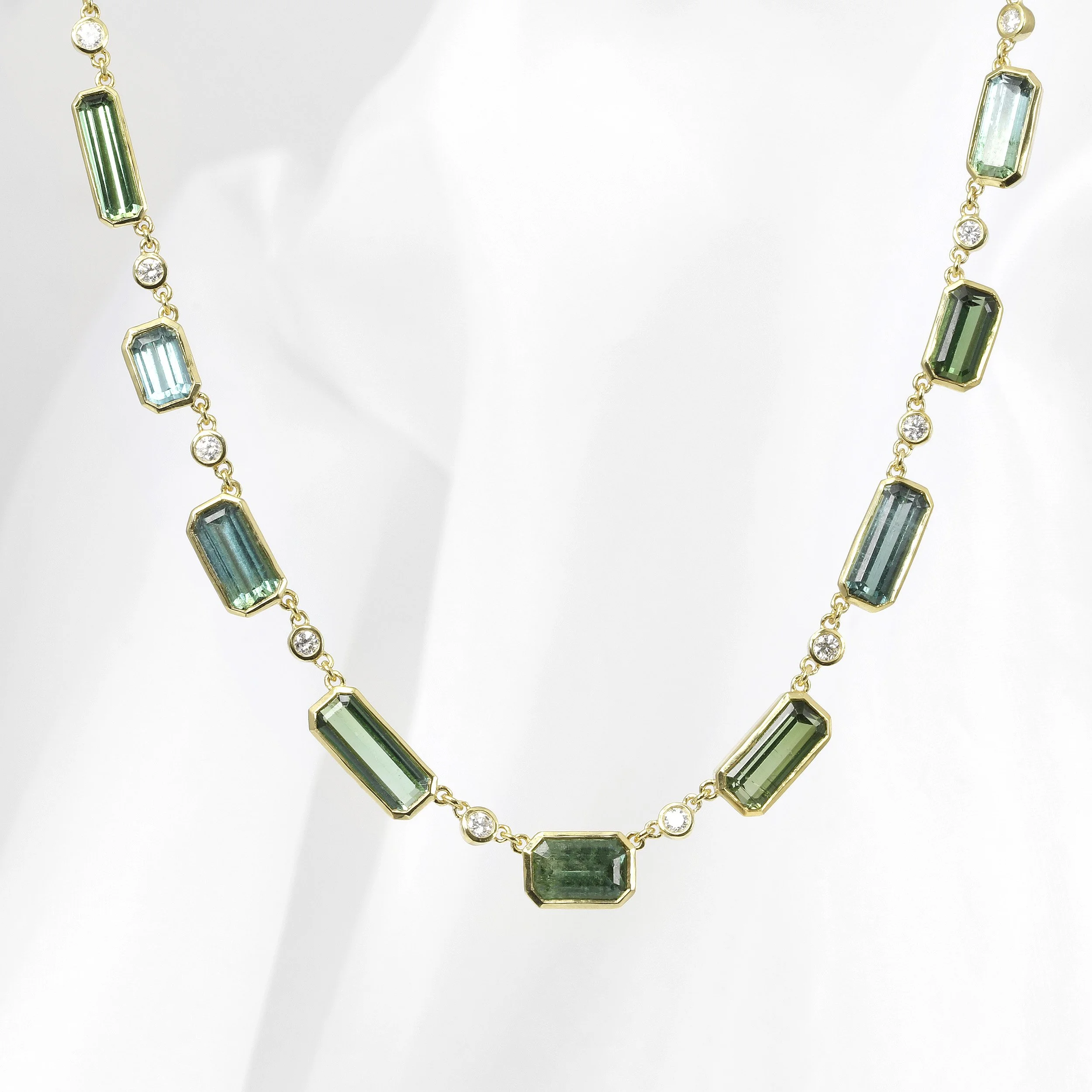  NEW! Timothy Roe Blue and Green Tourmaline and Diamond Station Necklace in 9ct Yellow Gold £2,500.00 