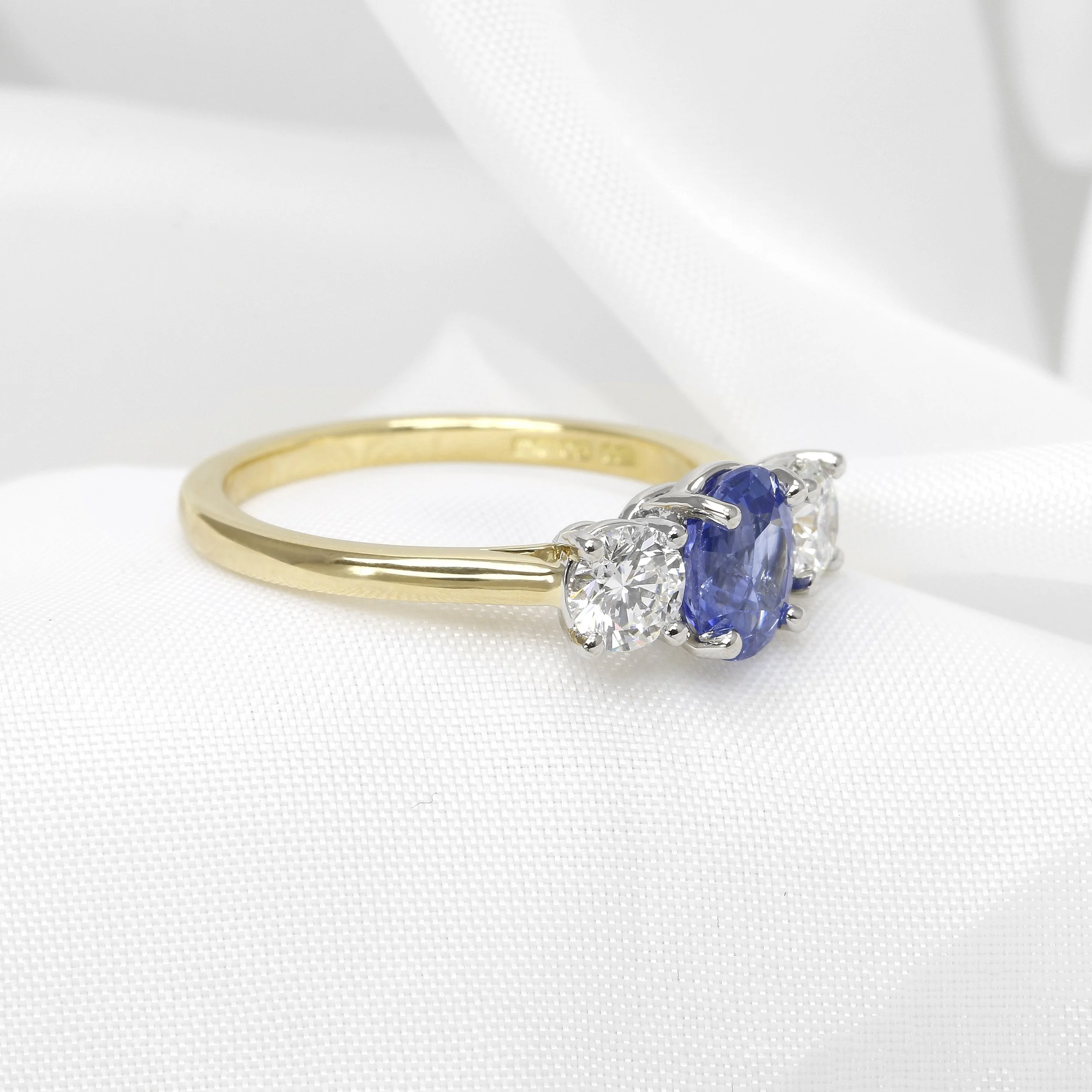 Sapphire and Diamond Three Stone Ring in 18ct Yellow Gold and Platinum