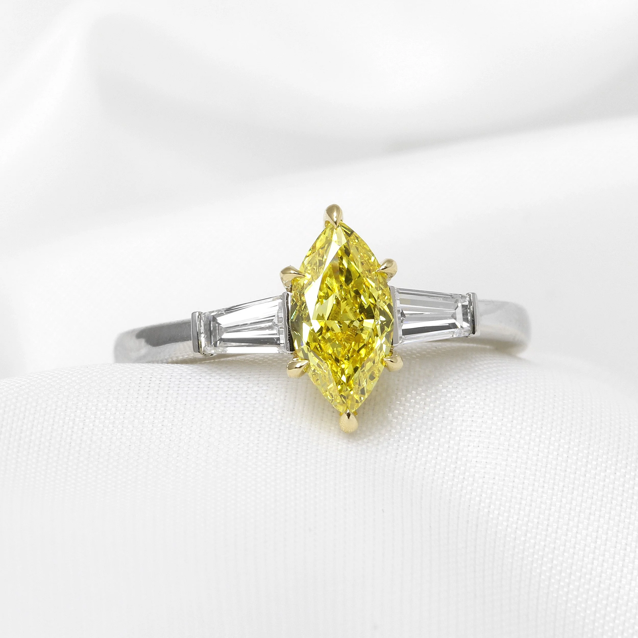 Lab Created Fancy Vivid Yellow Marquise Diamond Three Stone Ring