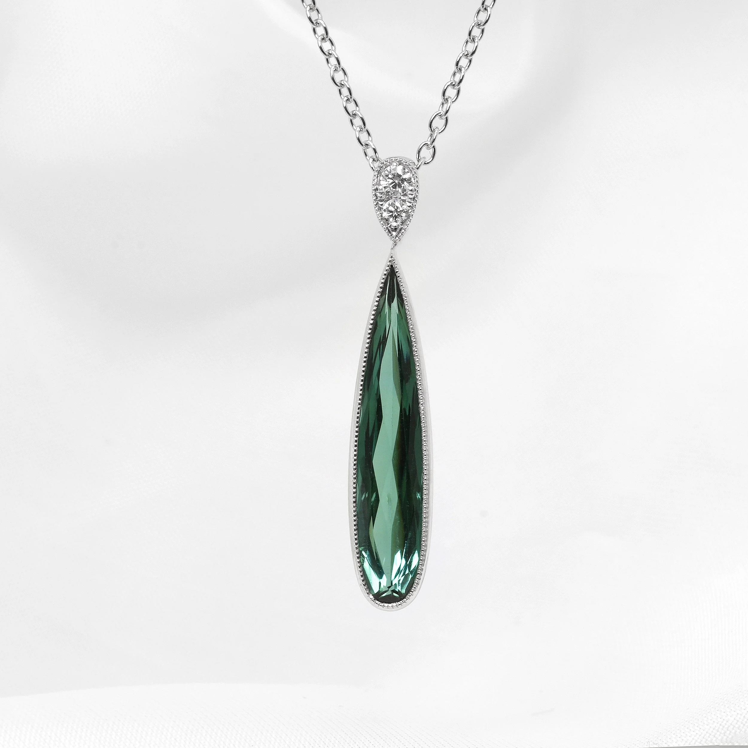 Tourmaline and Diamond Drop Pendant in 9ct White Gold