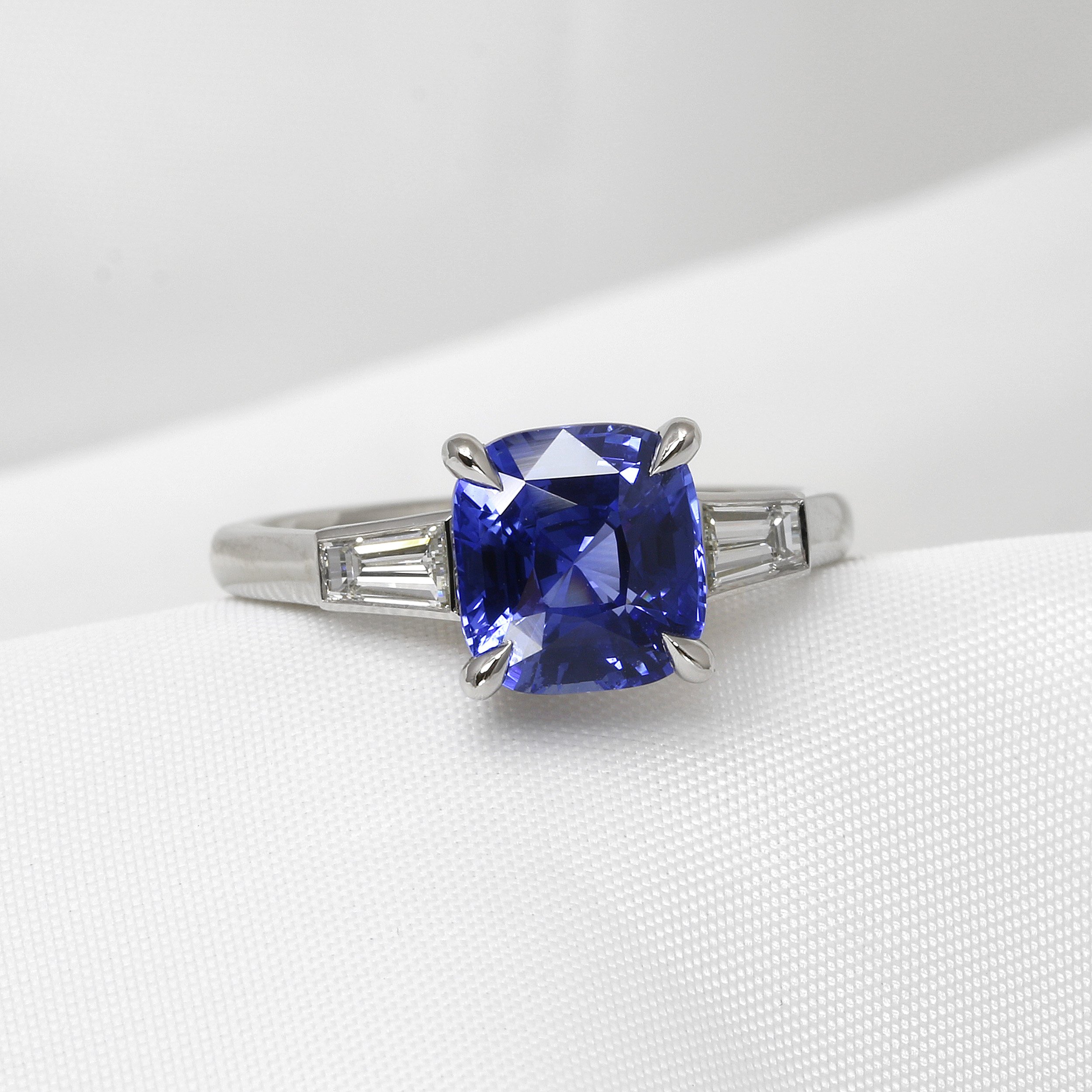Cushion Sapphire and Baguette Diamond Platinum Ring