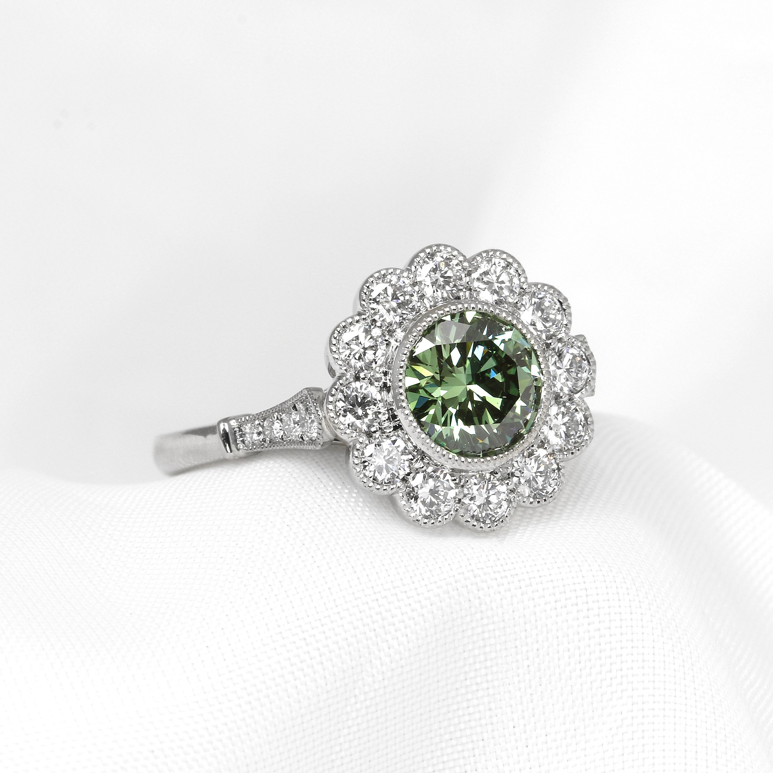 Lab Created Green Diamond Daisy Cluster Ring in Platinum