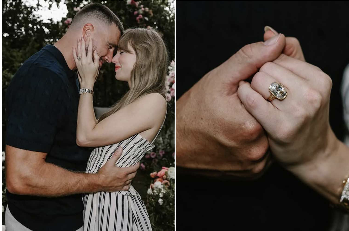 Travis Kelce popped the question to Taylor Swift in a flower garden with a stunning antique cushion cut diamond in yellow gold.