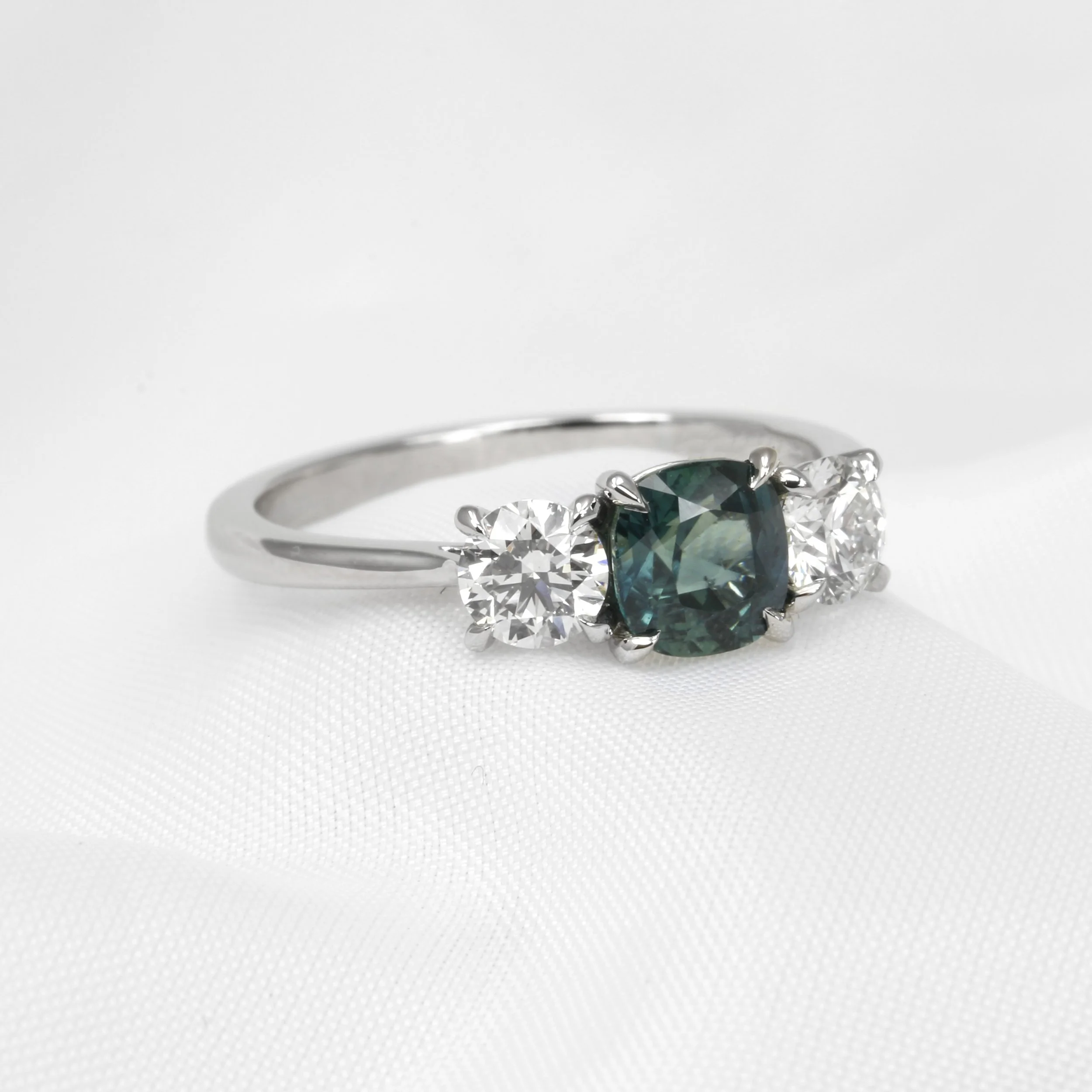  Timothy Roe Cushion Teal Sapphire and Diamond Ring in Platinum £2,650.00 