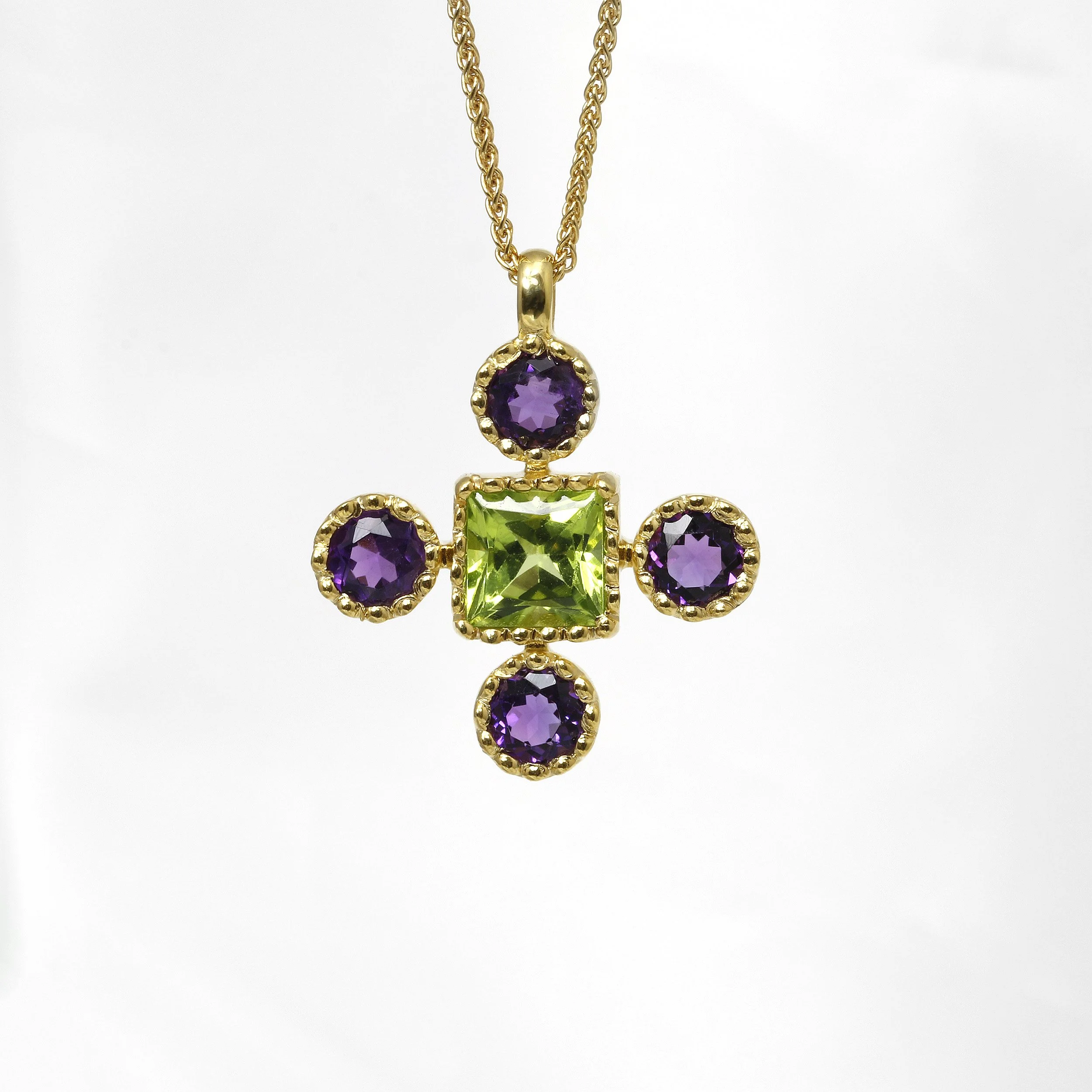 Peridot & Amethyst Bud and Bloom Pendant in 9ct Yellow Gold