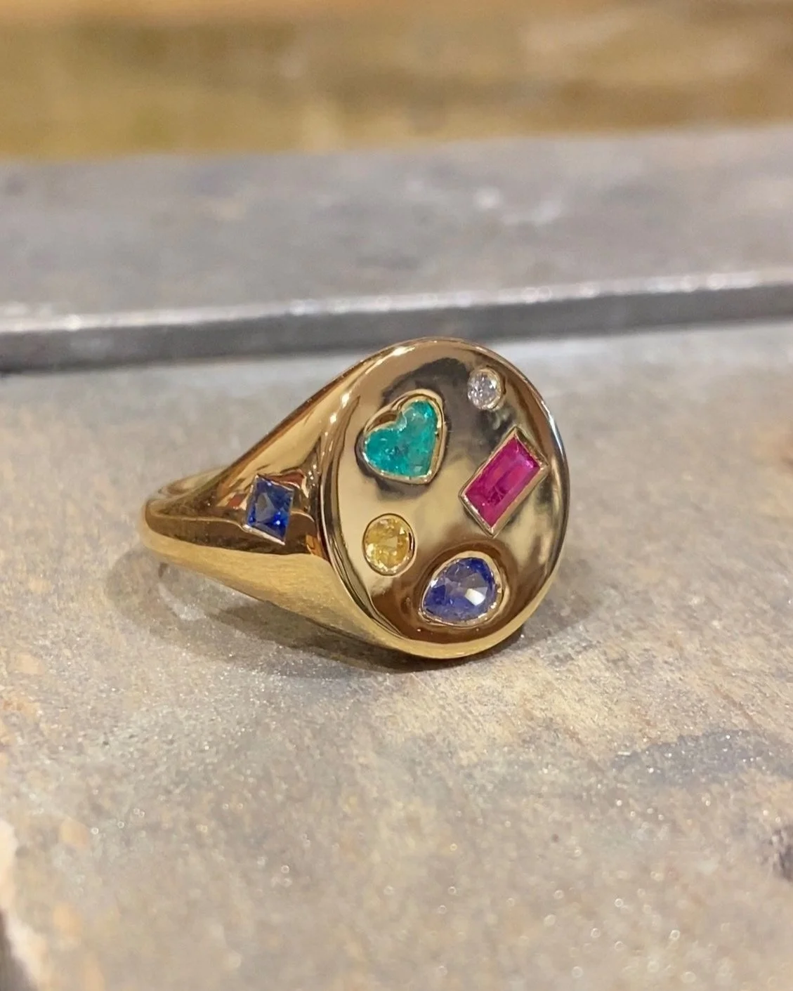  Bespoke Multi-Gem Signet Ring in Yellow Gold 