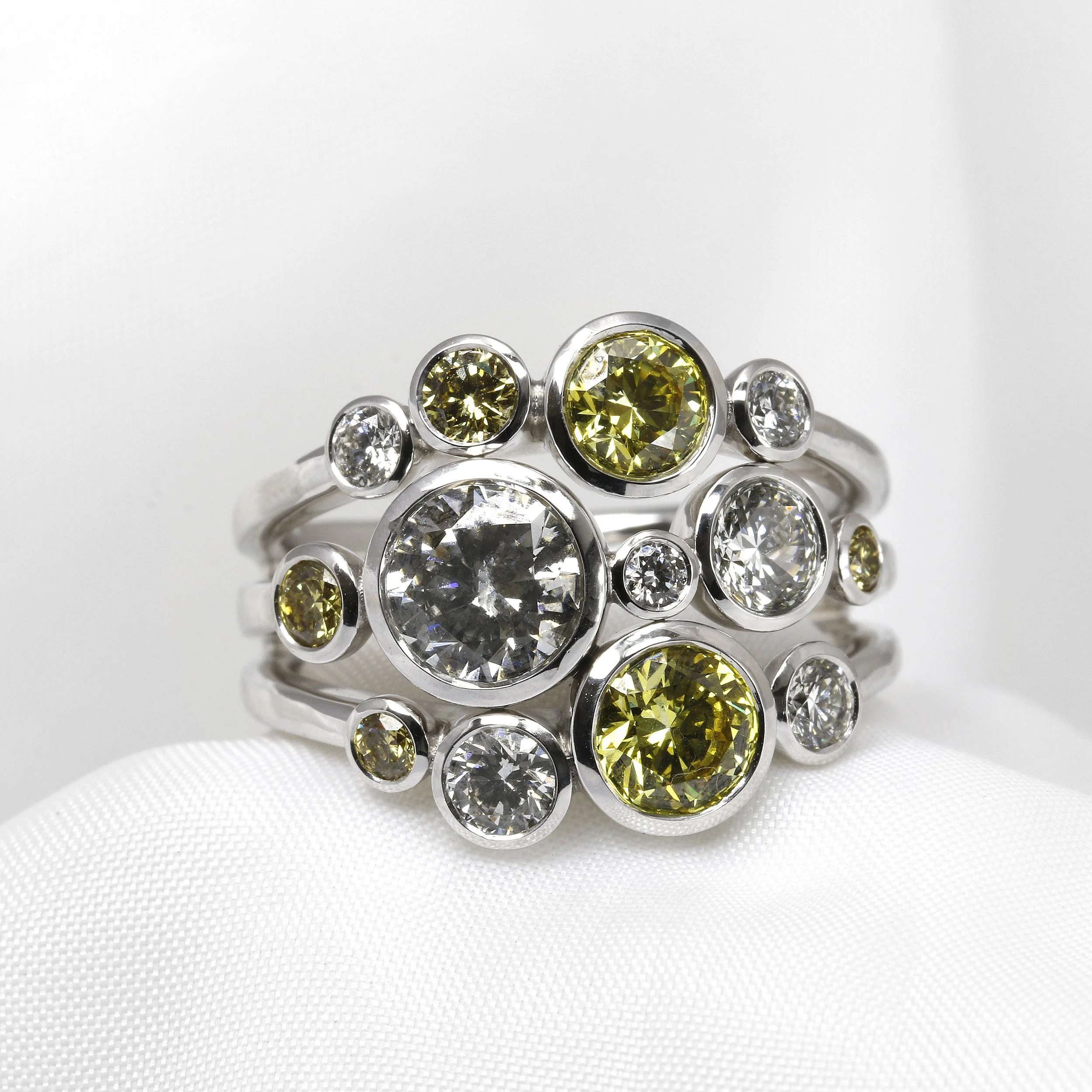  Bespoke Commission Completed 2025: Timothy Roe Raindance Ring with Natural White Diamonds and Laboratory-Grown Vivid Yellow Diamonds in Platinum.  