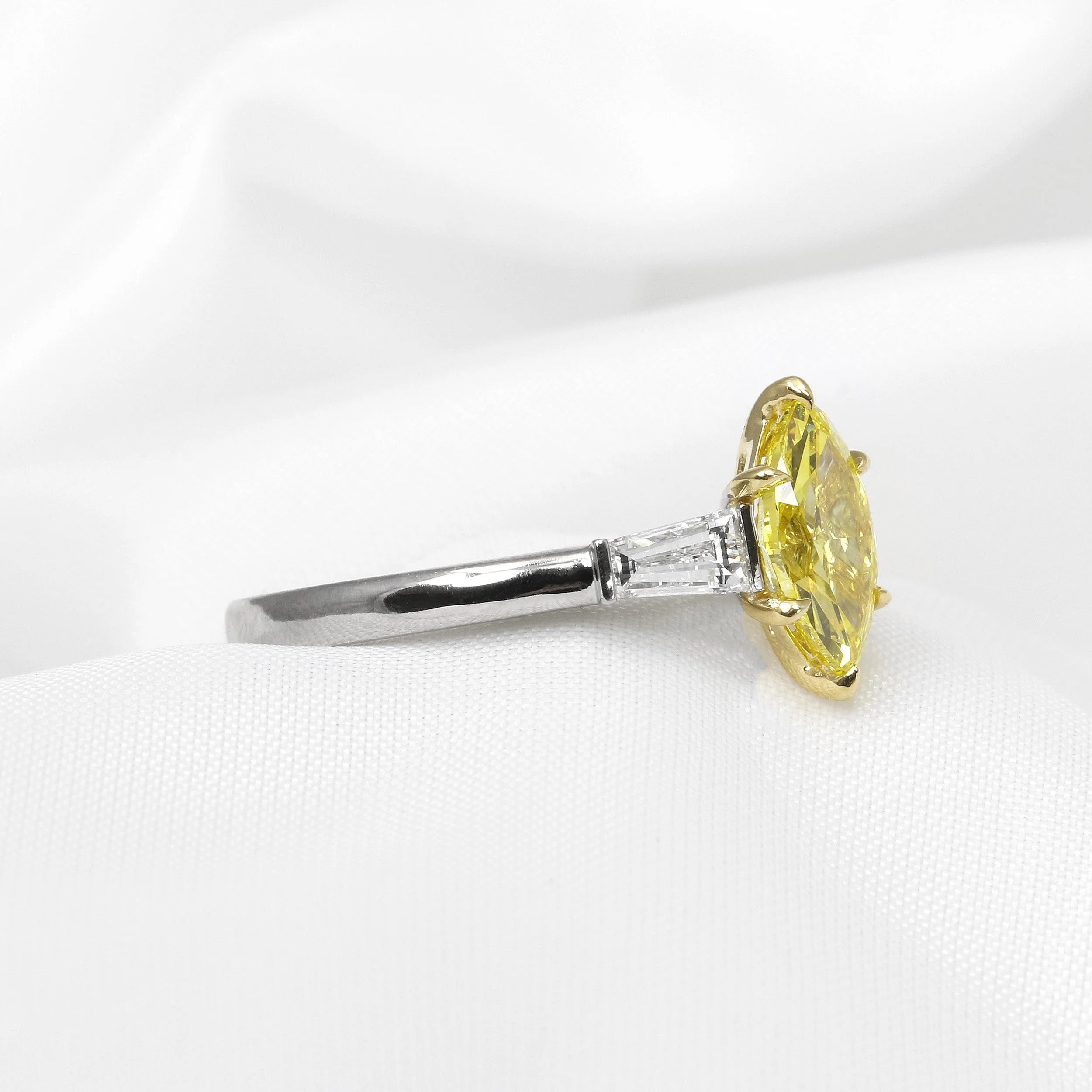 Lab Created Fancy Vivid Yellow Marquise Diamond Three Stone Ring