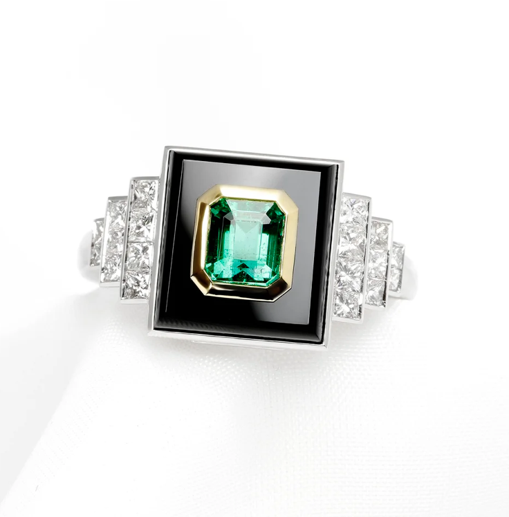  Bespoke Commission: Gent’s Statement Ring with Emerald, Gold, Black Onyx and Diamonds 