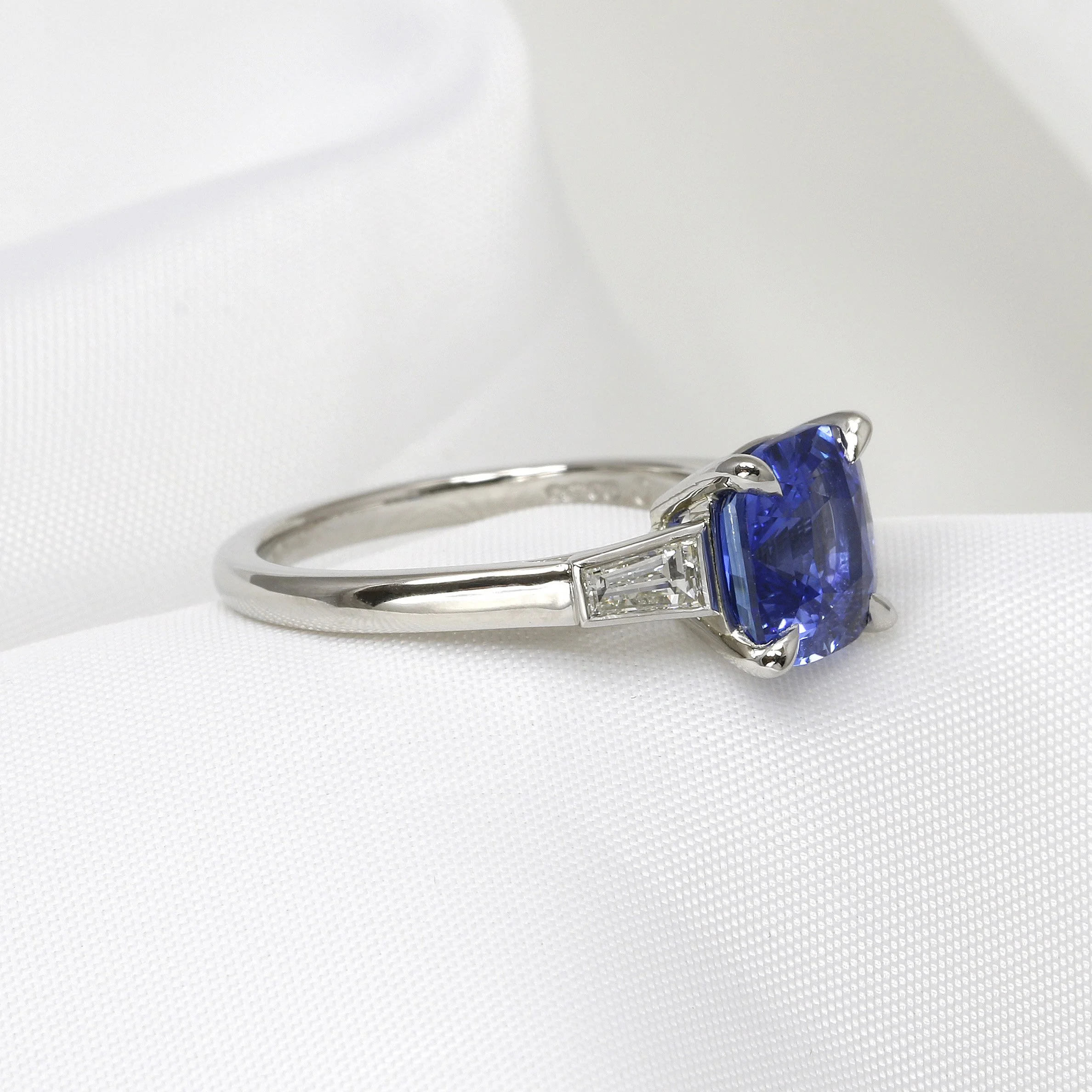 Cushion Sapphire and Baguette Diamond Platinum Ring