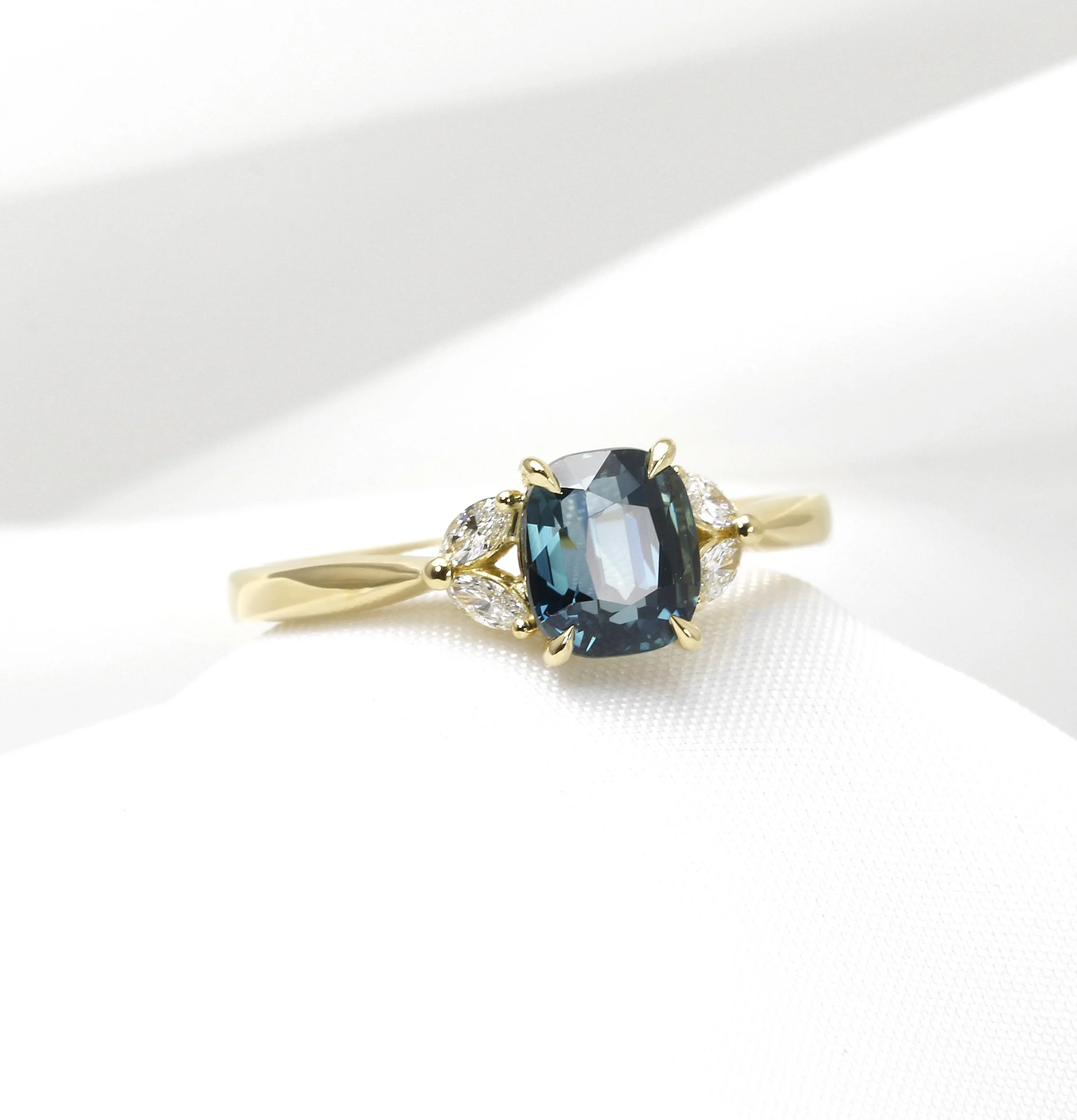  Cushion Teal Sapphire and Diamond Ring Yellow Gold £2,295.00 