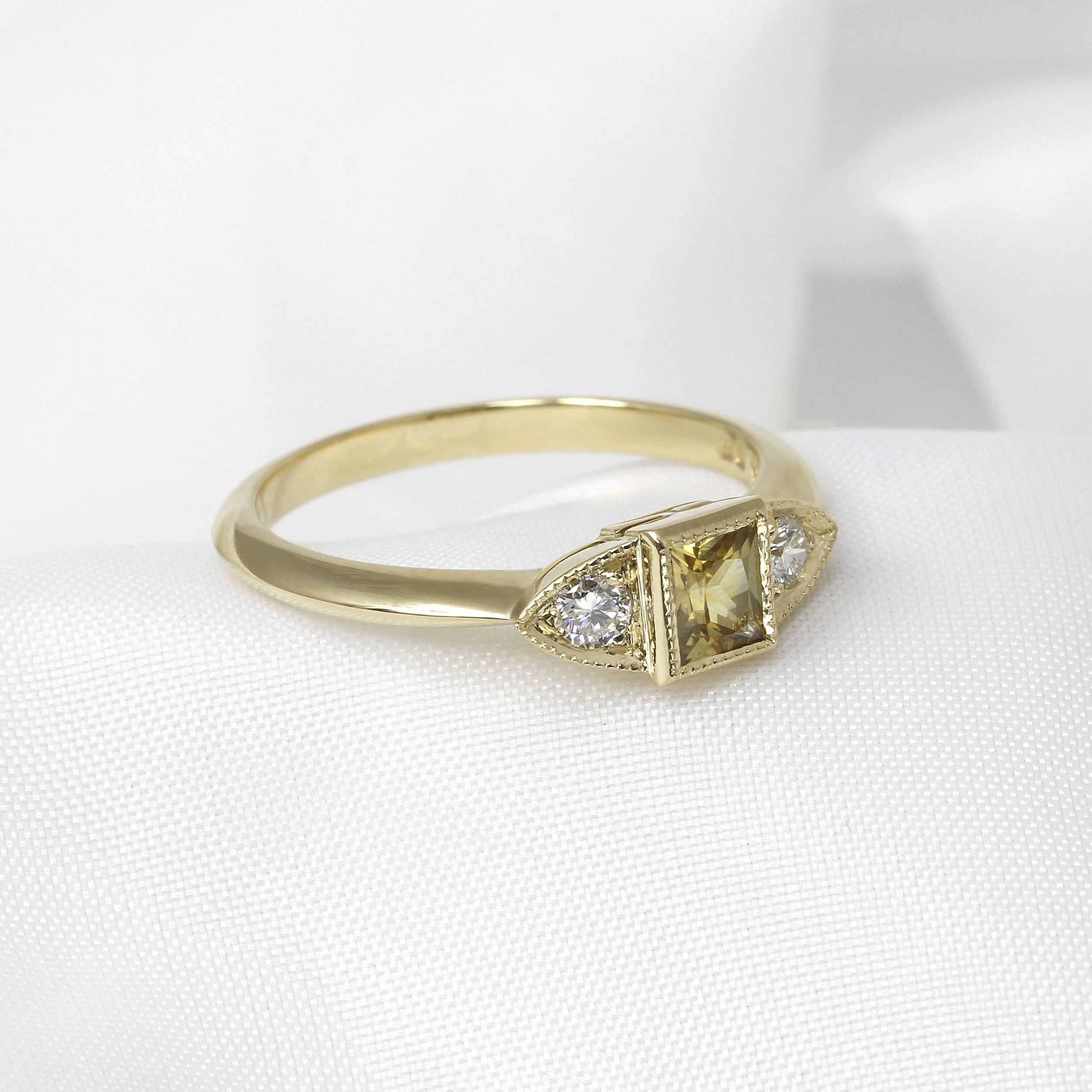 Yellow Sapphire and Diamond Ring Three Stone Ring