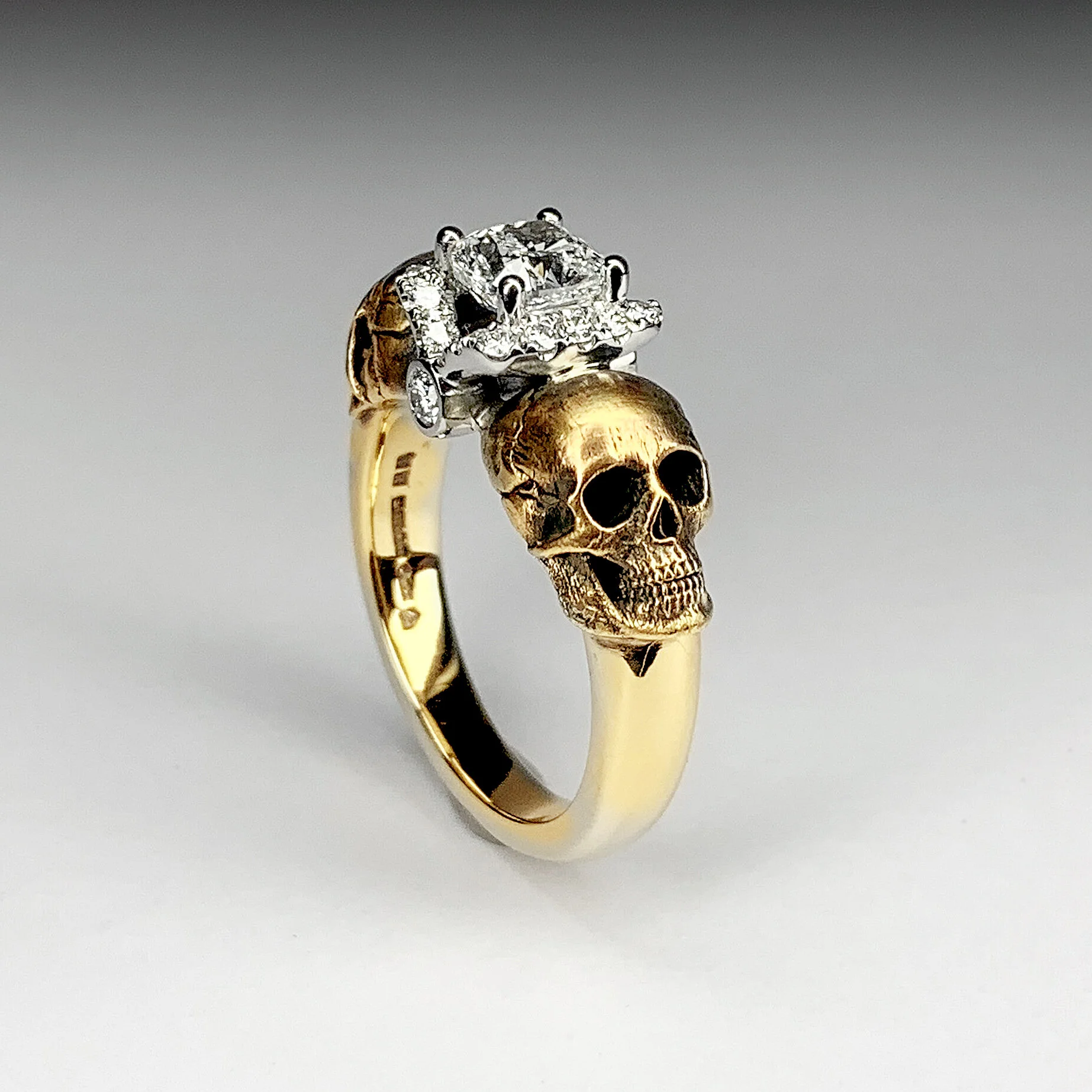 Bespoke Timothy Roe Gold and Platinum Skull Ring in Yellow Gold with Diamonds
