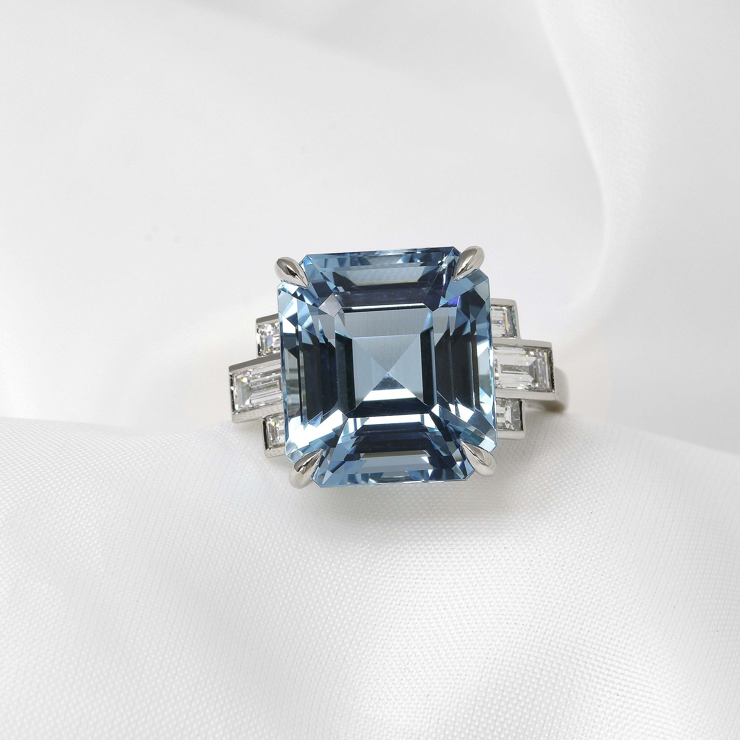 Aquamarine and Baguette Diamond Platinum Ring