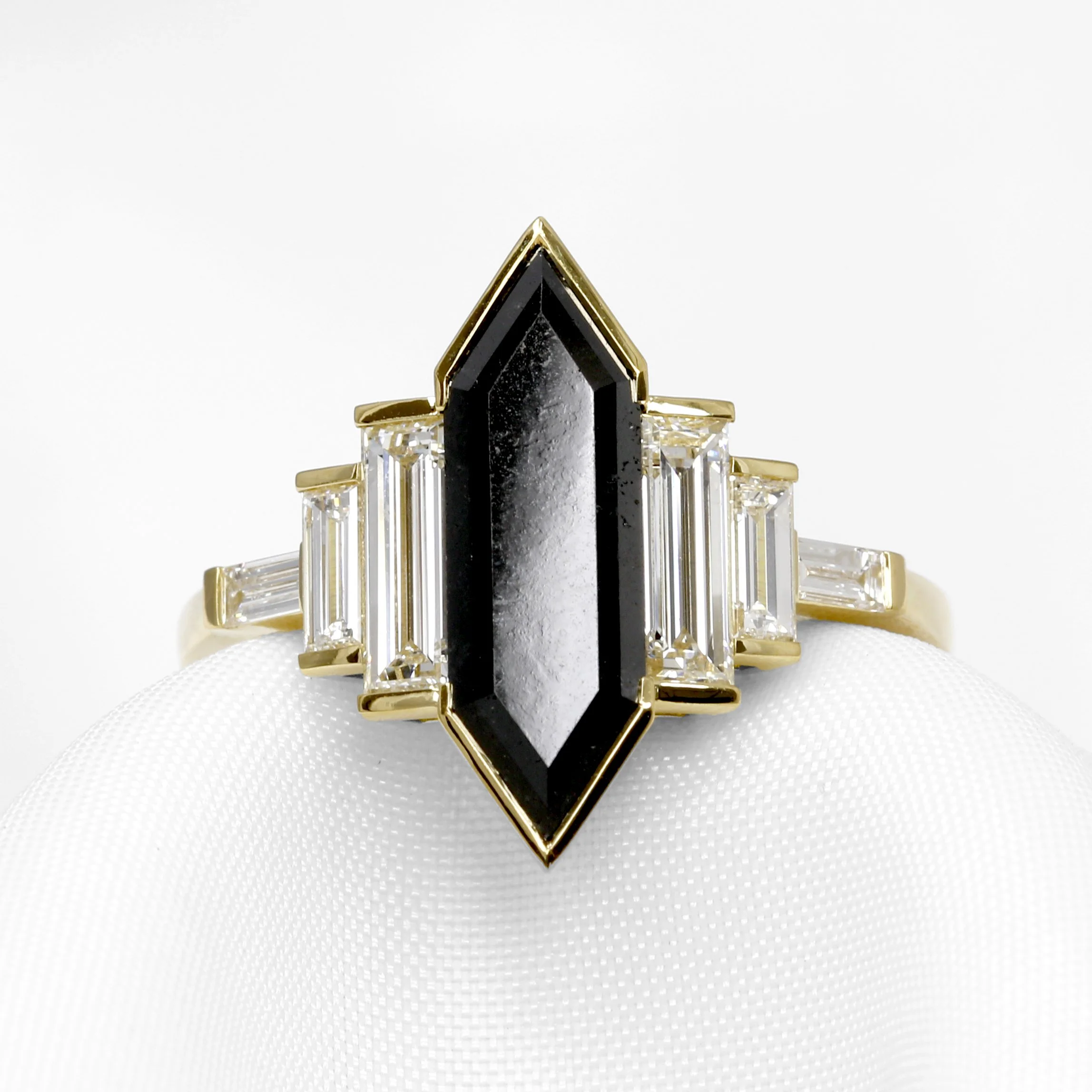  Bespoke Commission: Elongated Black Hexagonal Diamond with Baguette Cut Diamonds in 18 ct Yellow Gold Completed 2025 