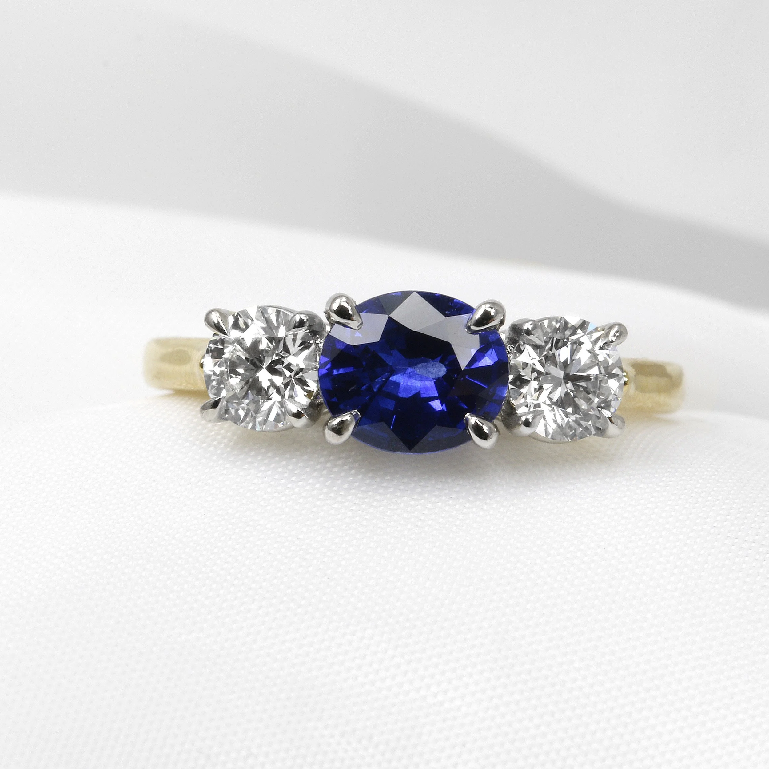 Sapphire and Diamond Three Stone Ring in 18ct Yellow Gold and Platinum