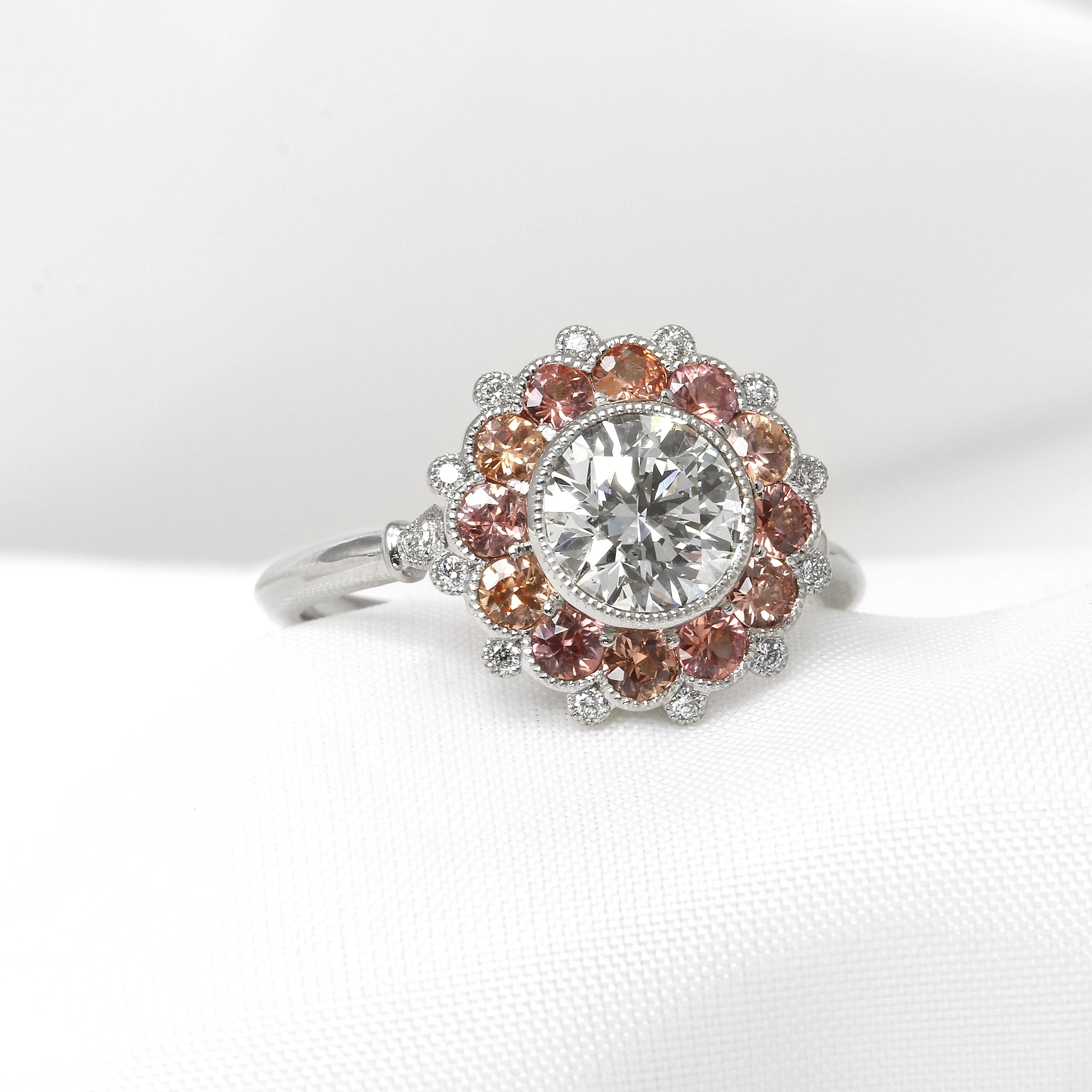 Diamond and Padparadsha Sapphire Daisy Cluster Ring