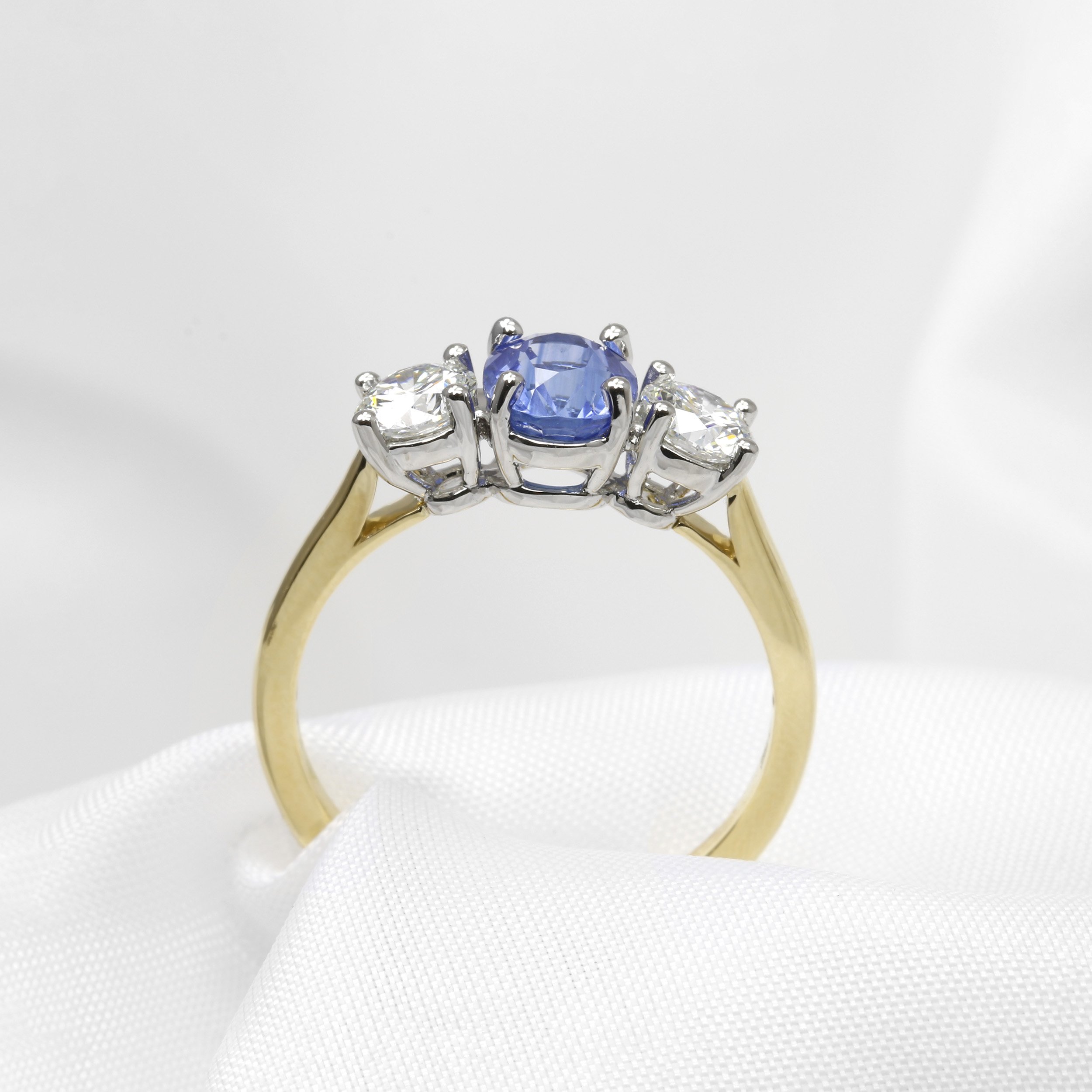 Sapphire and Diamond Three Stone Ring in 18ct Yellow Gold and Platinum