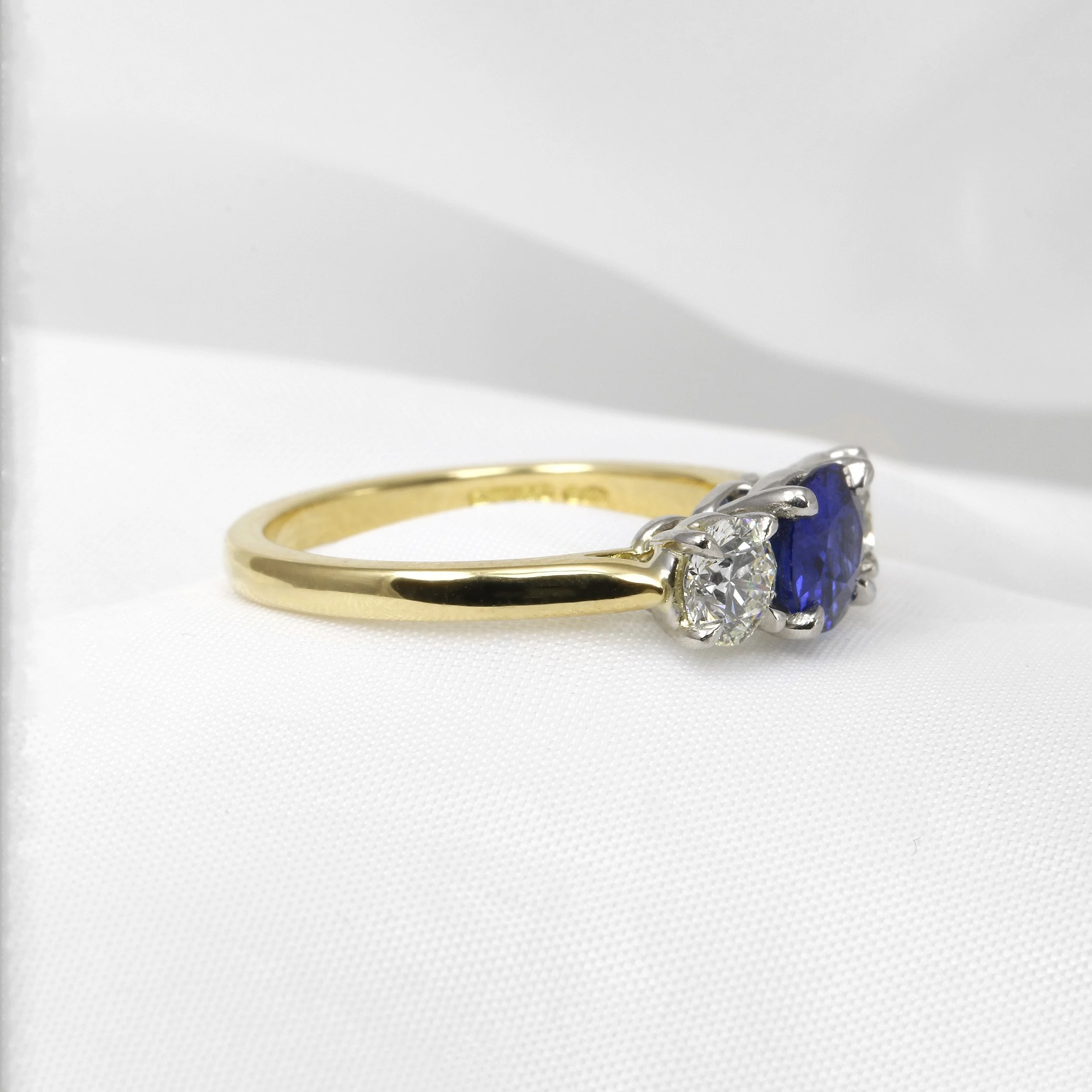 Sapphire and Diamond Three Stone Ring in 18ct Yellow Gold and Platinum
