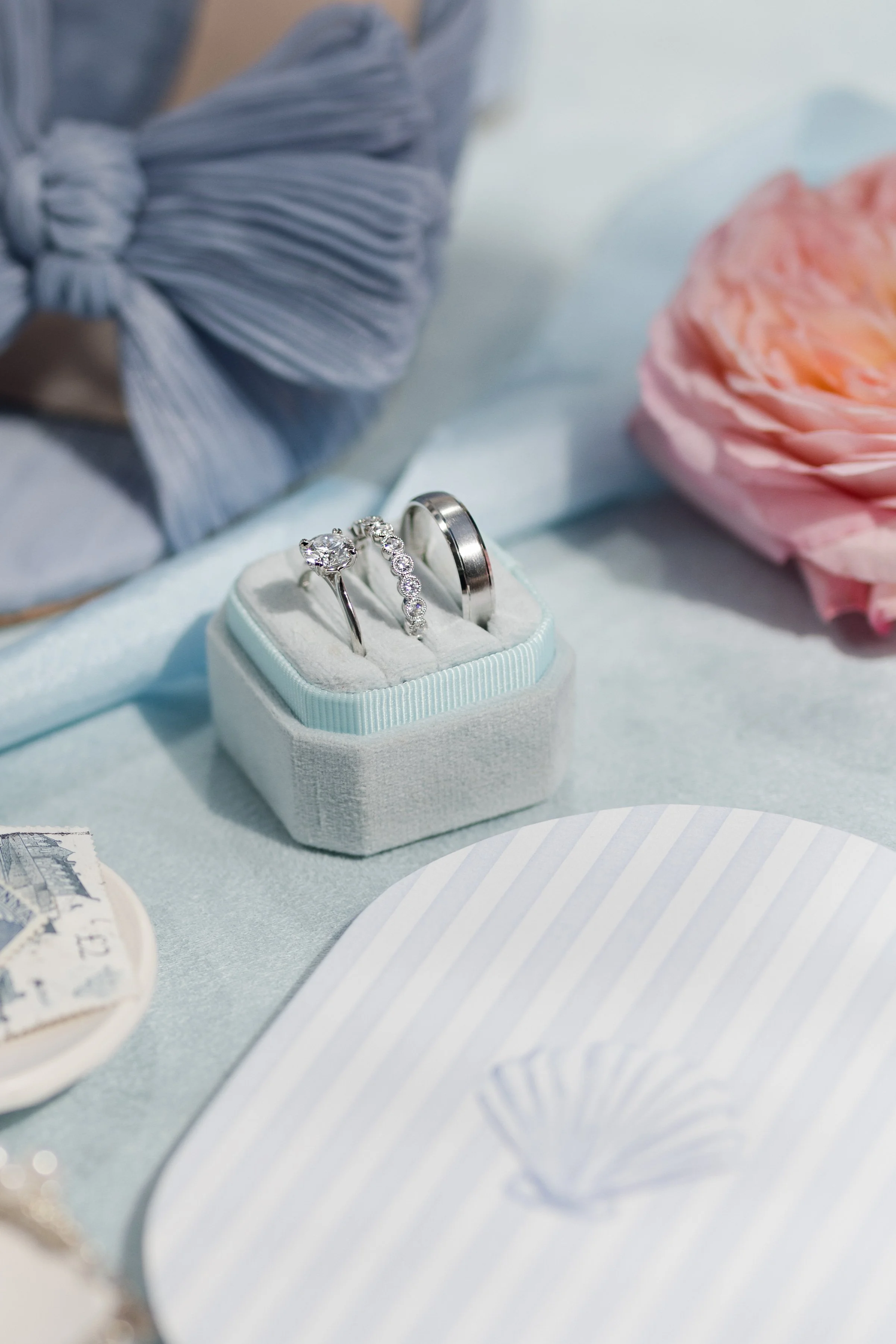 Coastal Dream Wedding: Platinum Full Eternity Ring, rub-over set £2995.00, Grooved Platinum Wedding Band in Platinum £1,120.00 and Laboratory-Grown Diamond Solitare Ring in Platinum £1,150.00