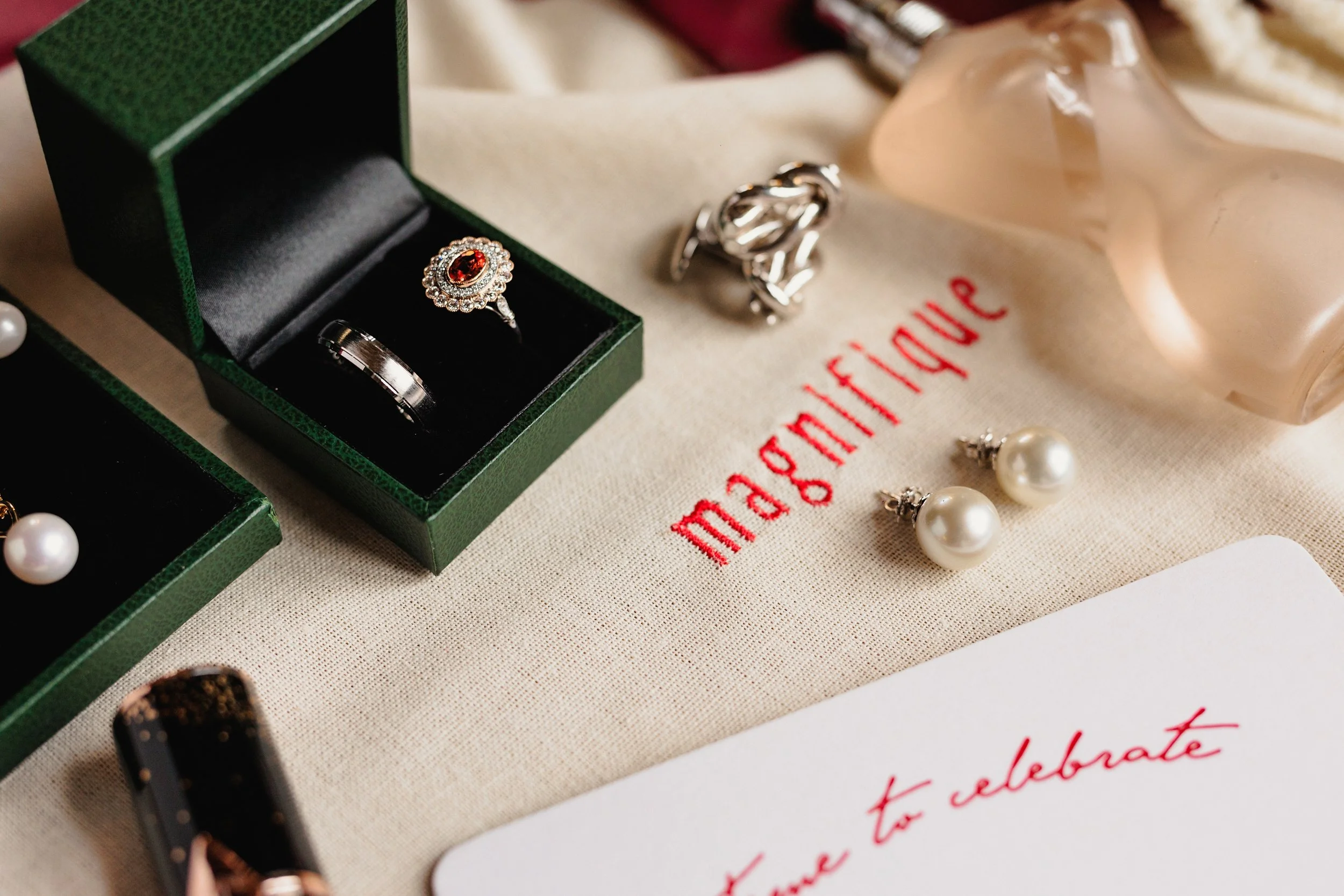  Padparadscha Sapphire and Diamond Cluster Ring £4,250.00 and Grooved Platinum Wedding Band in Platinum £1,120.00 