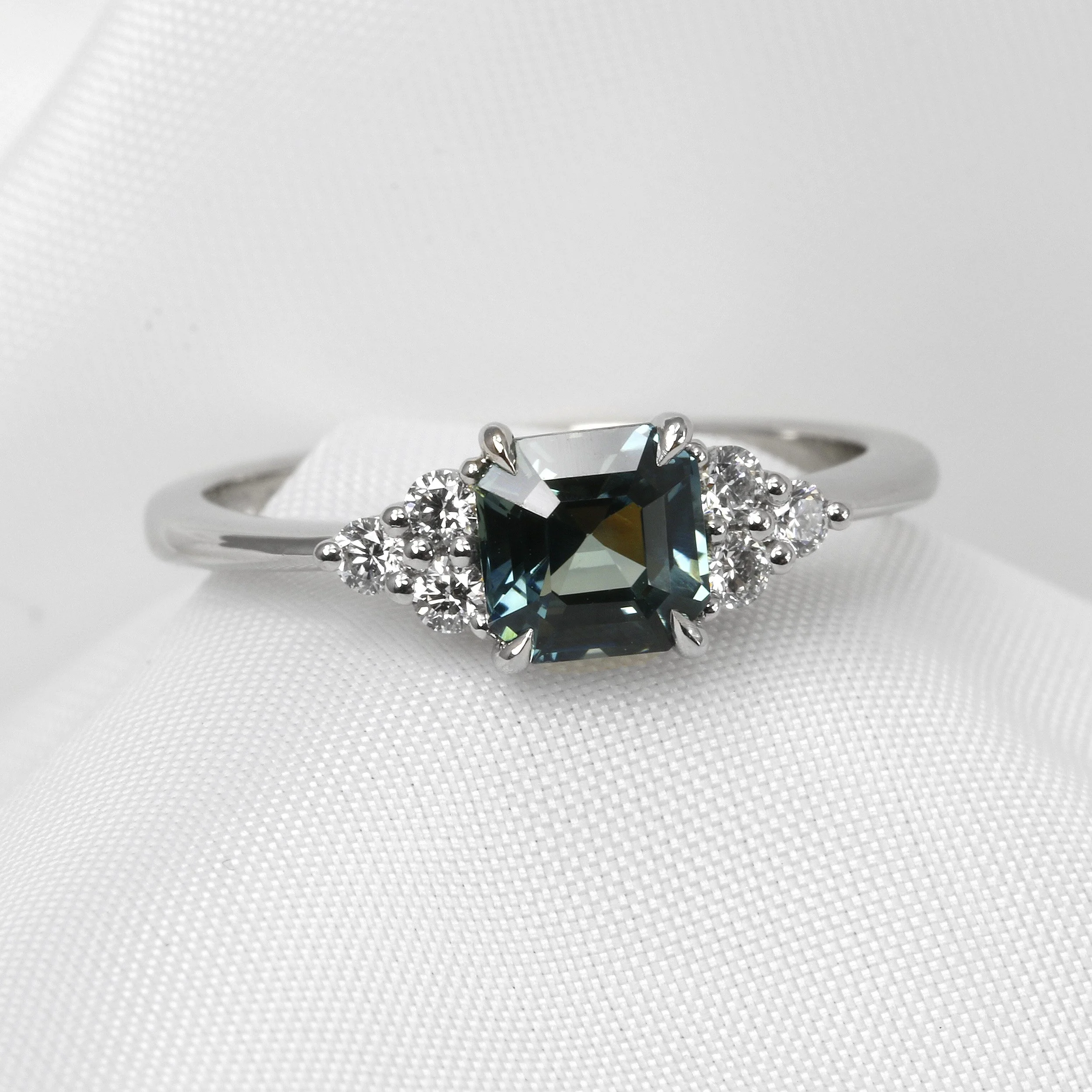  Timothy Roe Teal Sapphire Ring with Diamond Trefoil in Platinum £1,825.00 