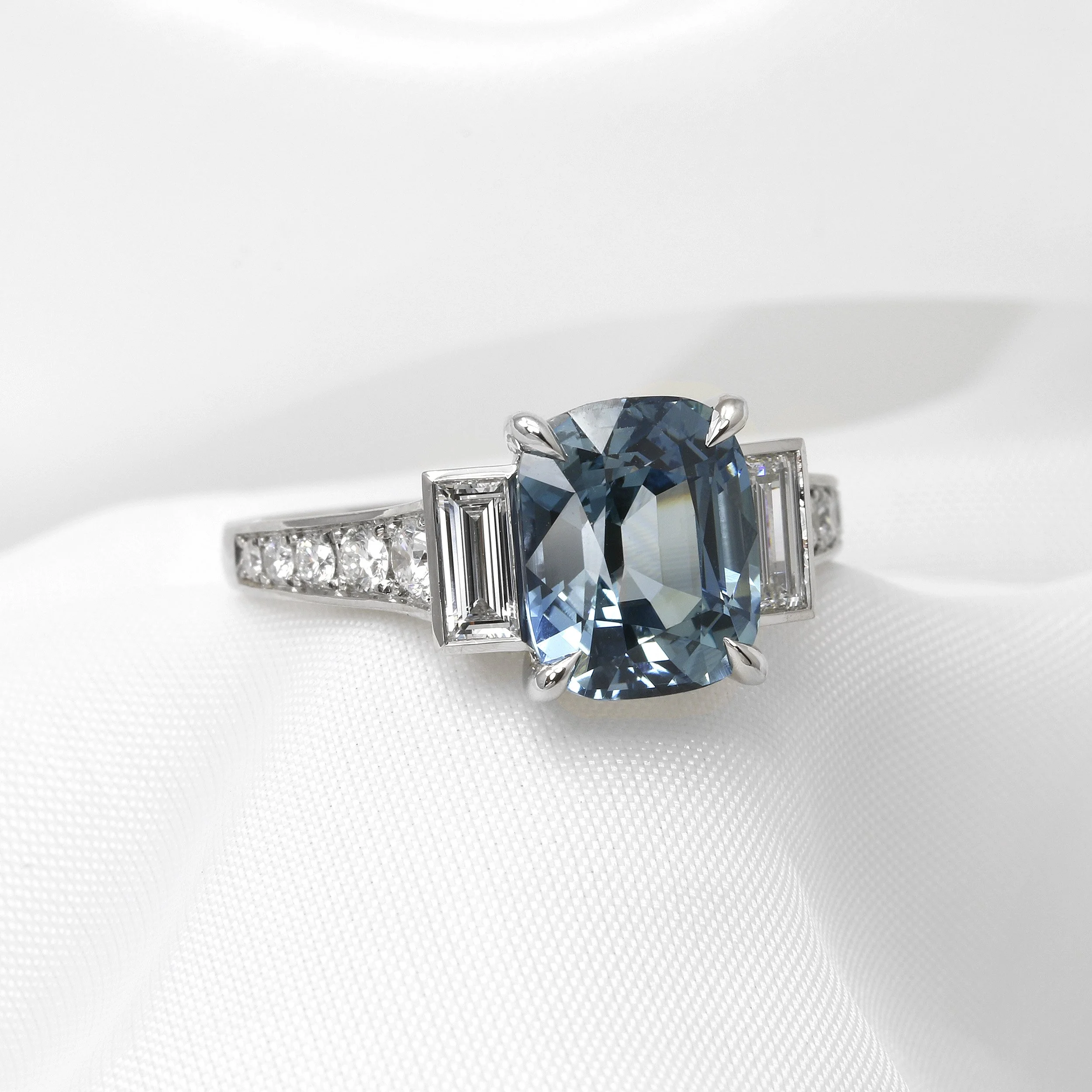 Steel Blue Sapphire and Diamond Ring in Platinum