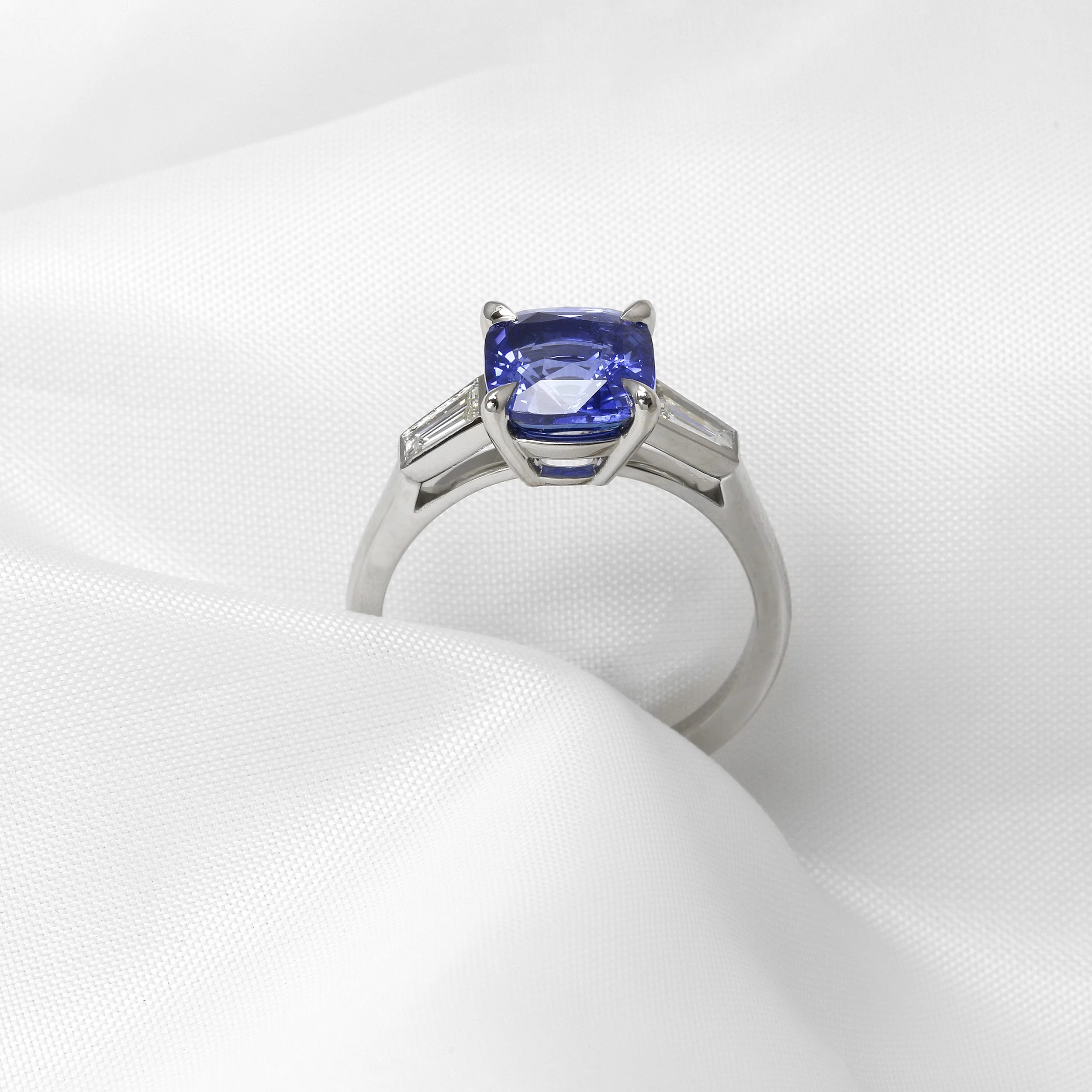Cushion Sapphire and Baguette Diamond Platinum Ring