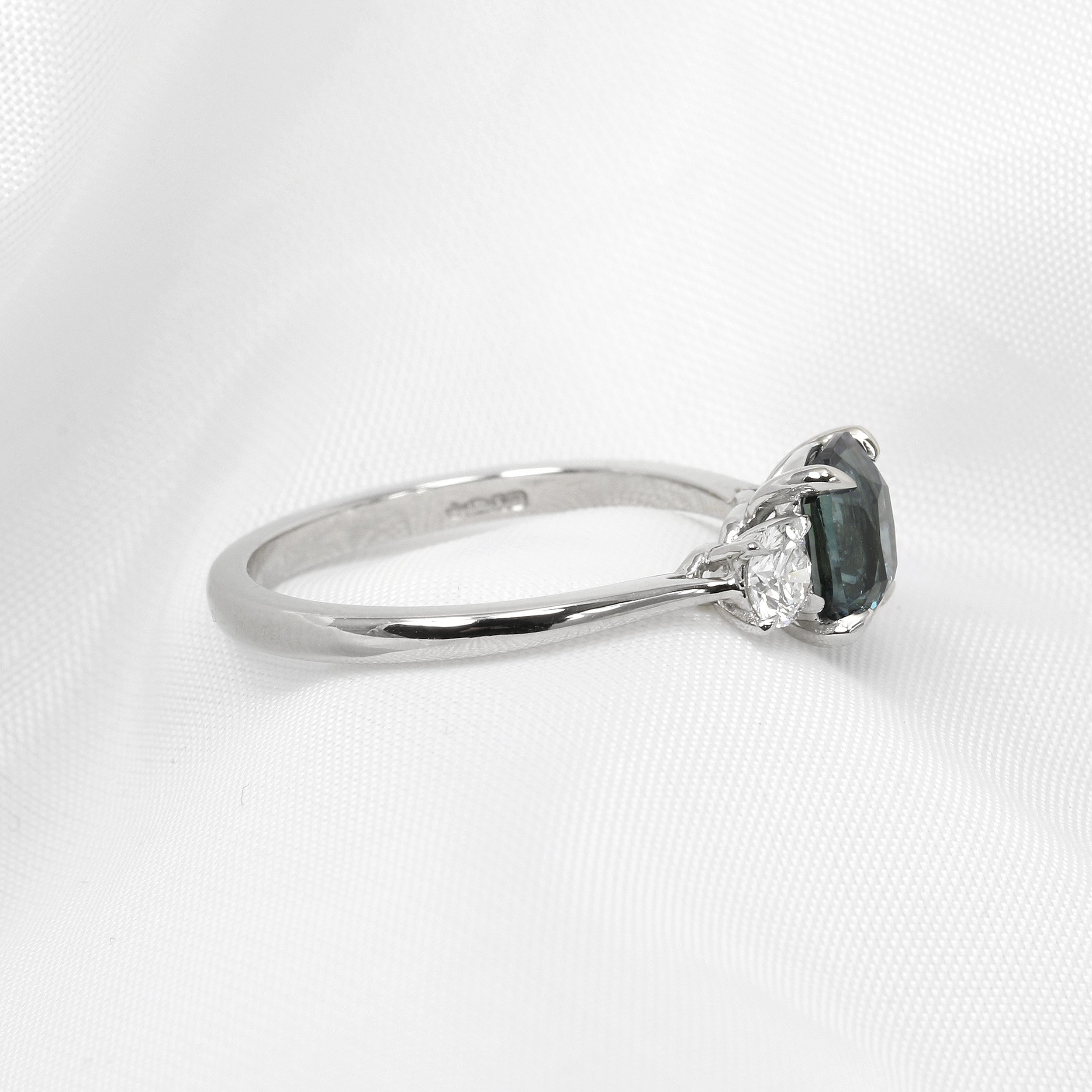 Teal Sapphire and Diamond Three Stone Ring in Platinum