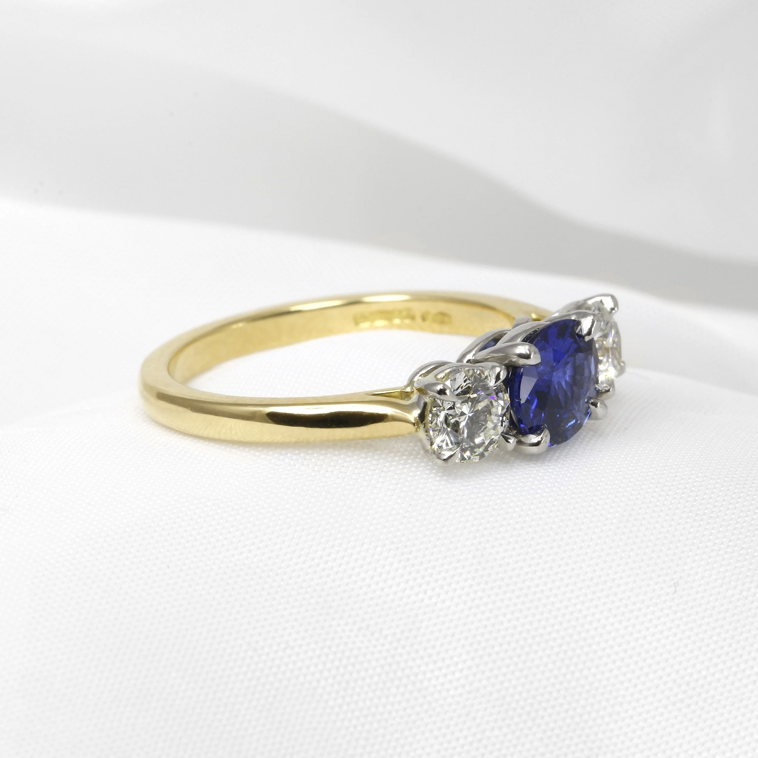 Sapphire and Diamond Three Stone Ring in 18ct Yellow Gold and Platinum