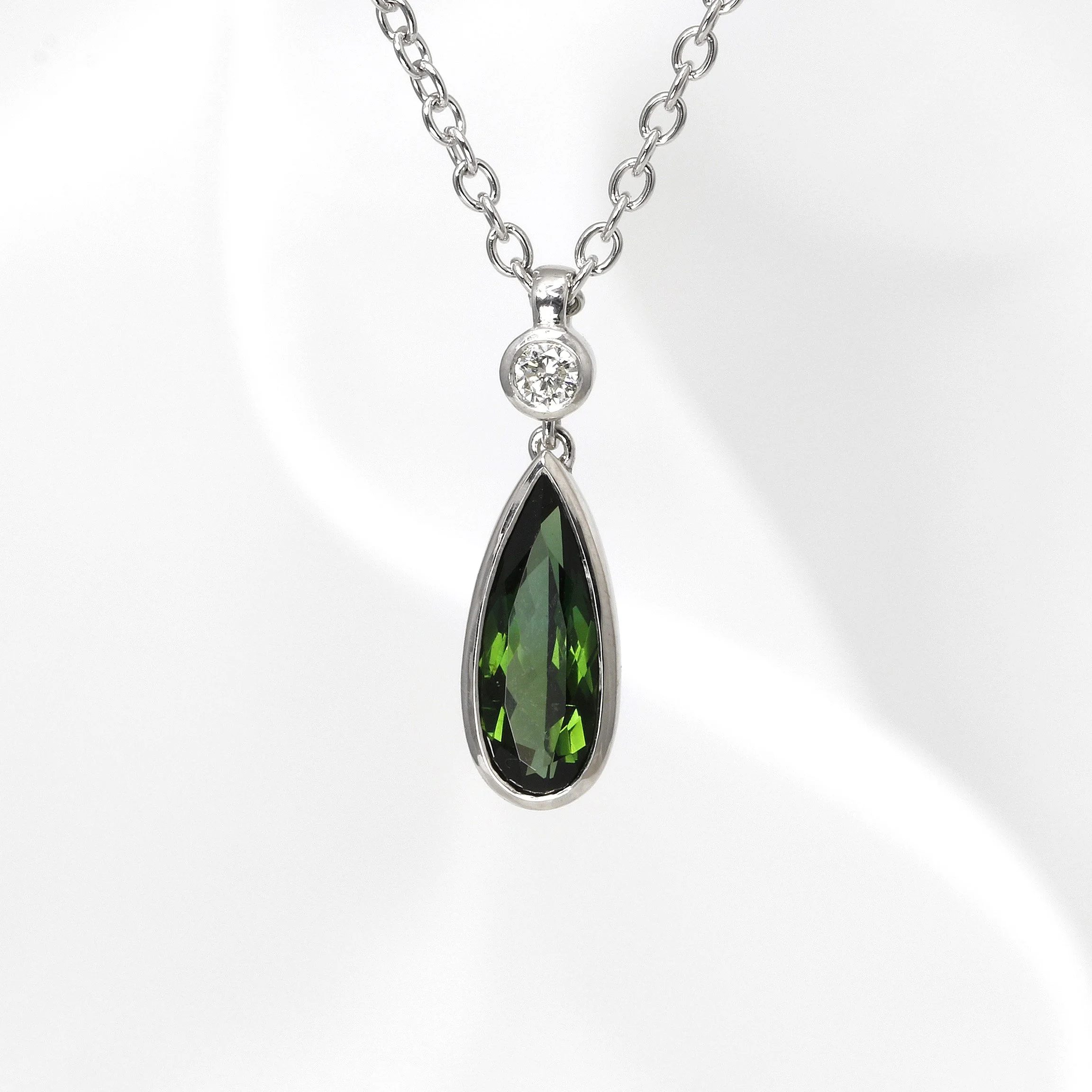 Green Tourmaline and Diamond Drop Pendant in White Gold