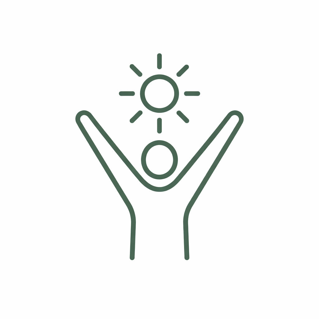 Line drawing of a person with arms raised, with a sun above their head.