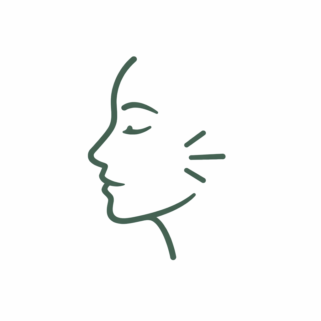 Simple line drawing of a woman's profile with closed eyes and three short lines indicating air or breath coming from her cheek.