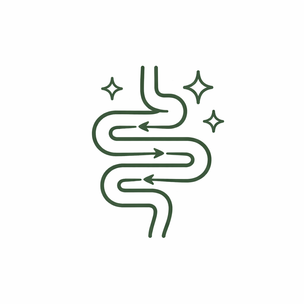 An abstract line drawing of a winding intestine with sparkles around it.