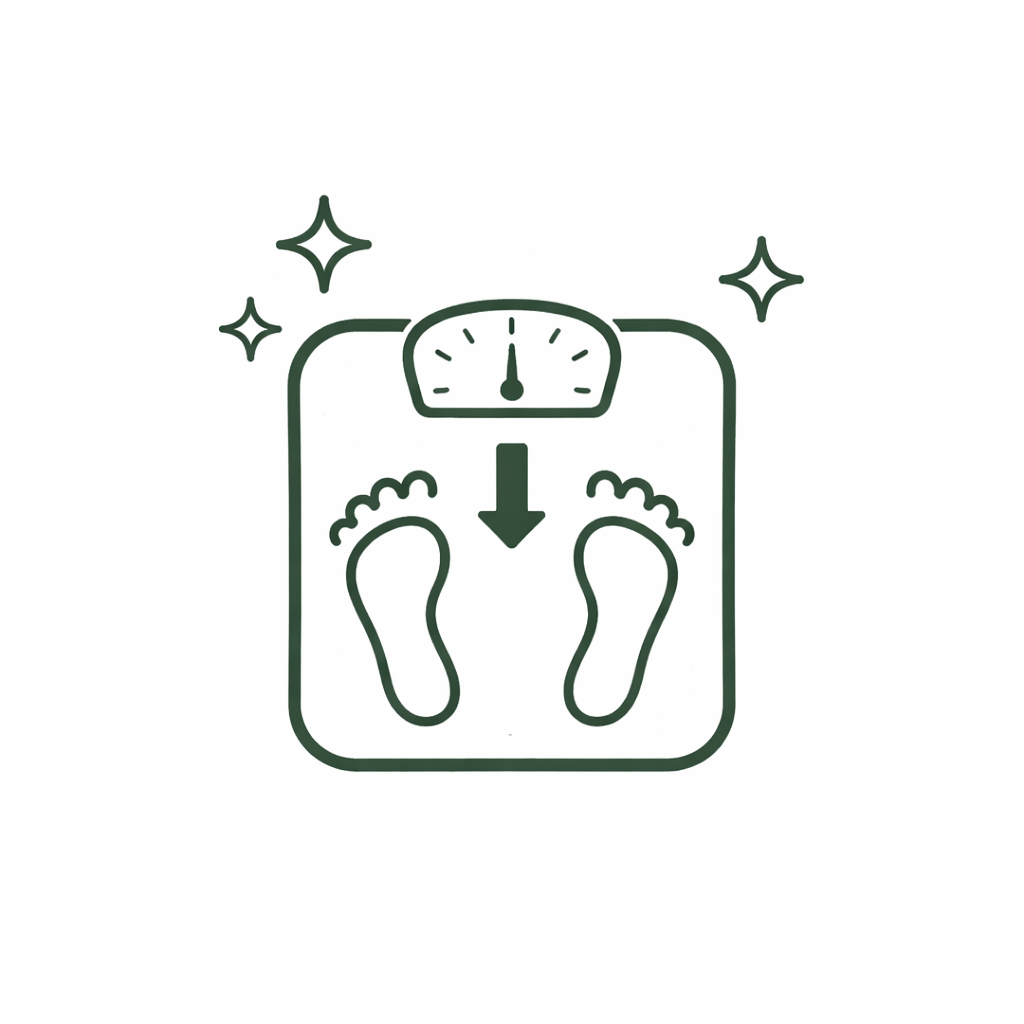 Line drawing of a scale with footprints and a weighing gauge at the top, indicating weight measurement.