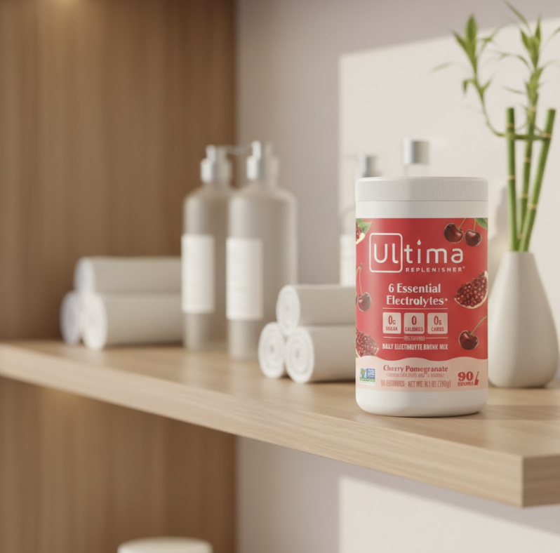 A bottle of Ultima Replenisher electrolyte supplement with cherry pomegranate flavor on a wooden shelf, next to rolled towels, bottles, and a green plant in a white vase.