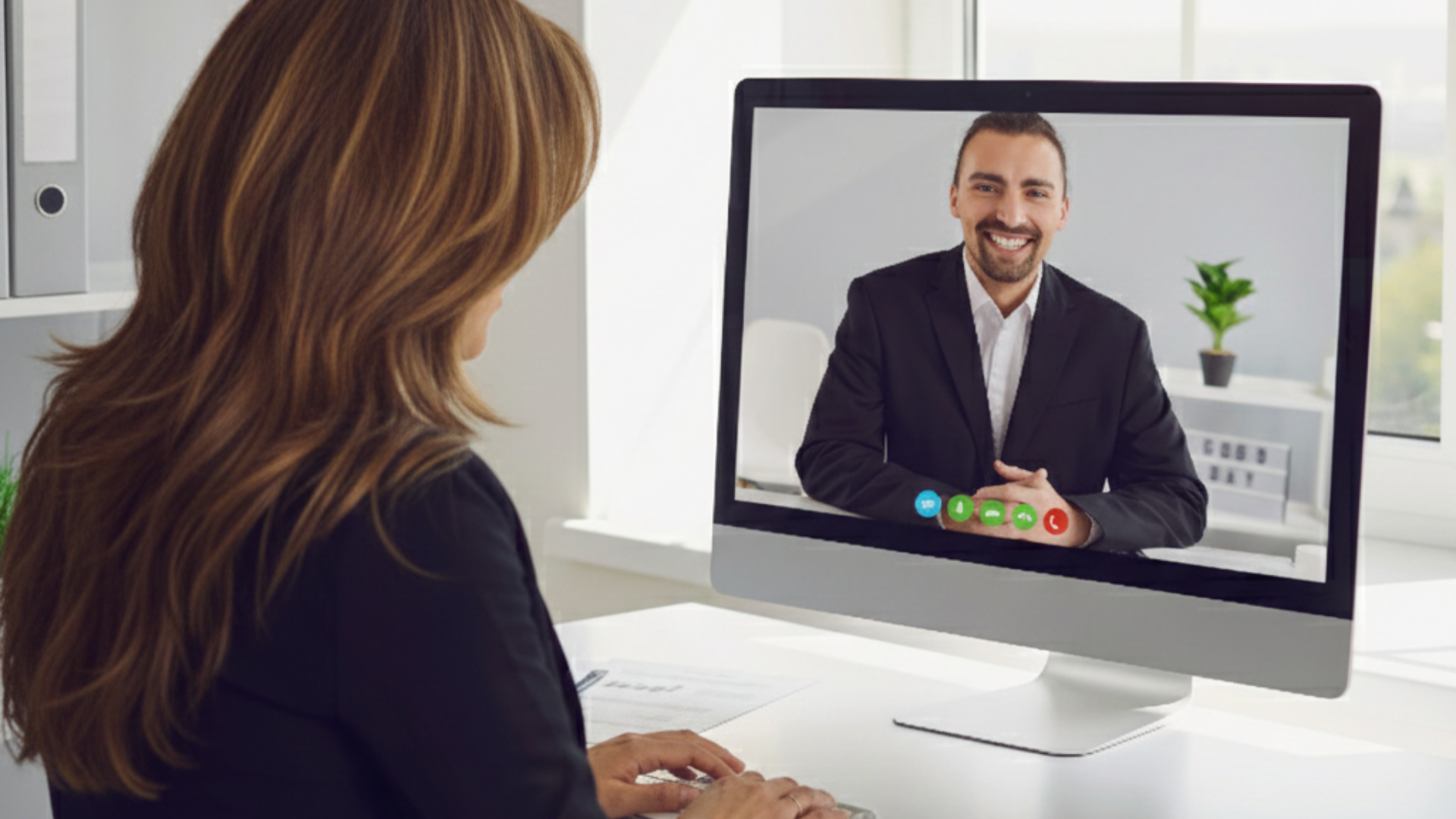 Business woman on a video conference with a client.