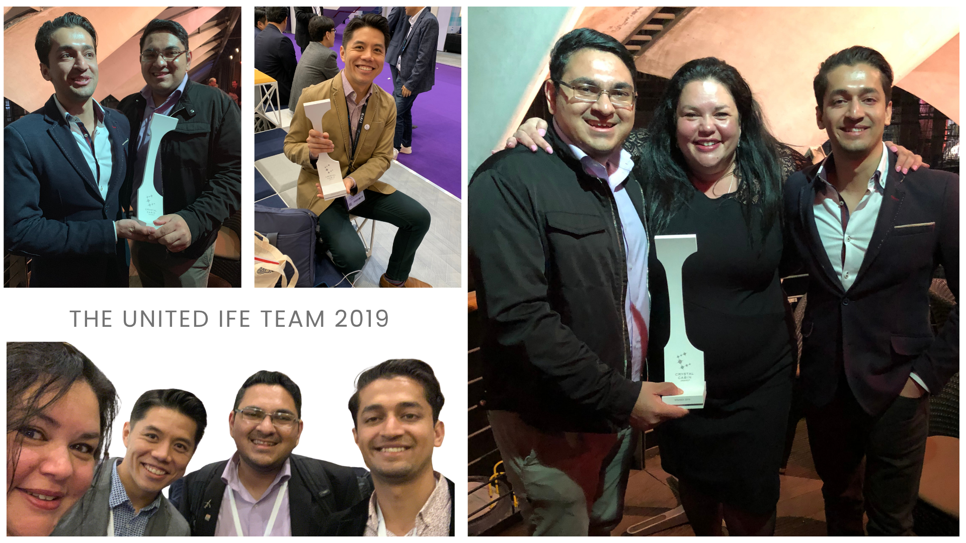 United Airlines inflight entertainment team in 2019, including Corinne Streichert, Ryan Dai, Sameer Shaikh, Jaspreet Singh, who worked together on the Entertainment for All solution that won the Crystal Cabin Award.