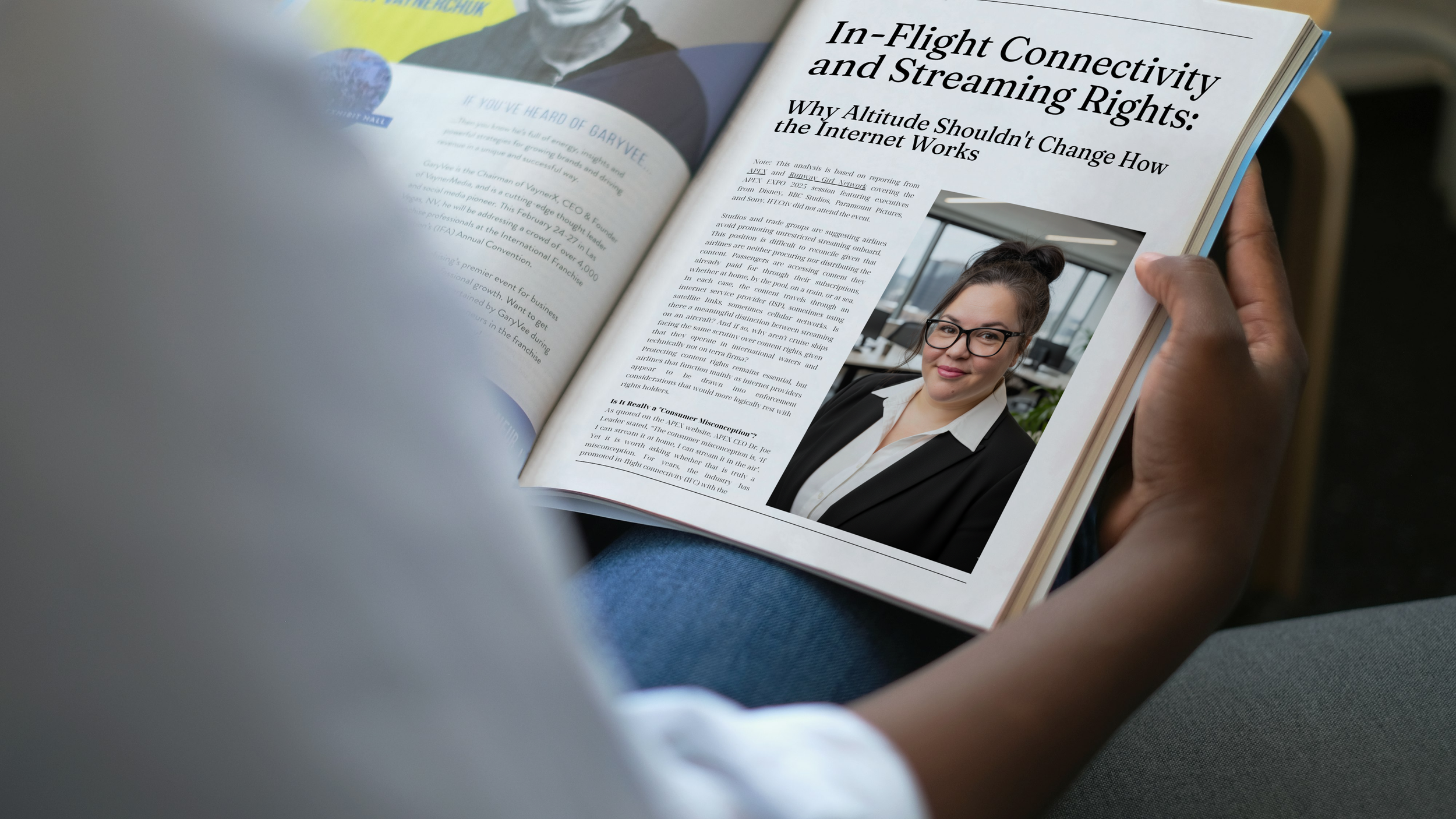 Image of a person holding open a magazine with an article written by IFECtiv on the right side of the page.