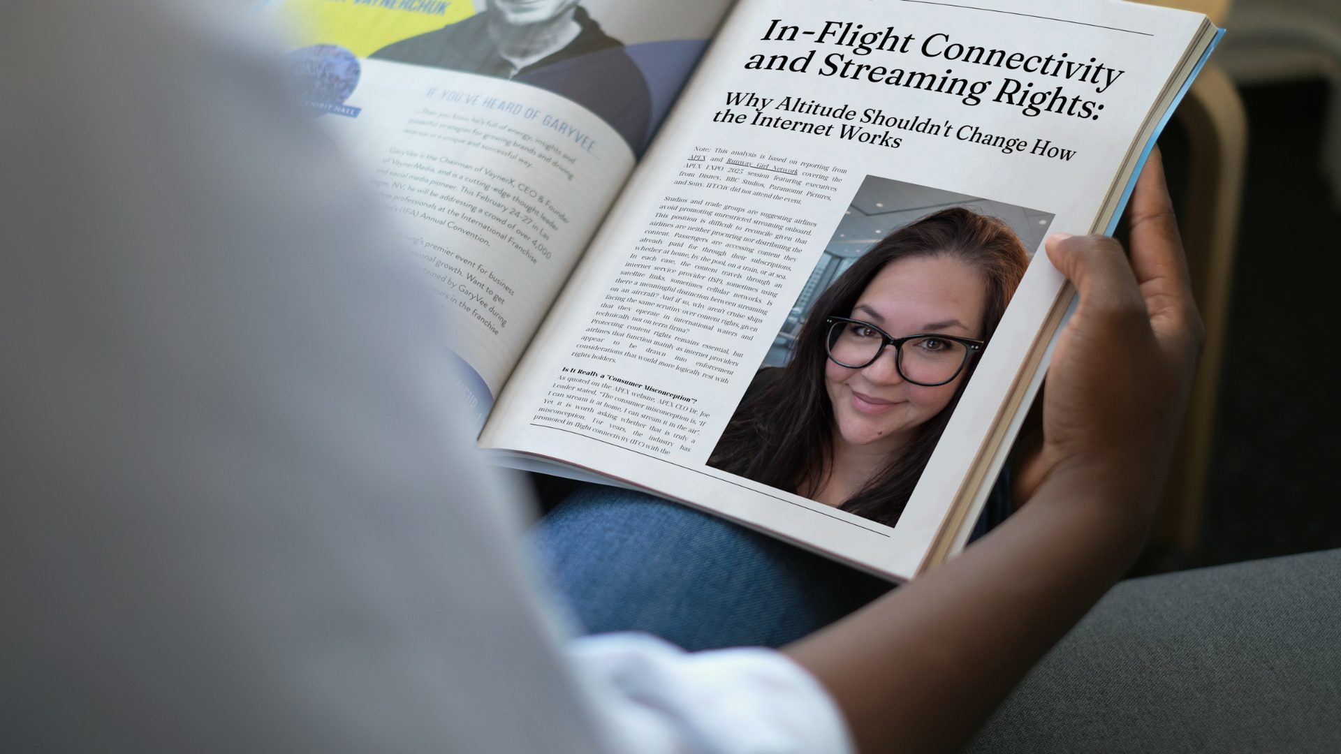 Person holding magazine with article by IFECtiv visible on In-Flight Connectivity and Streaming Rights