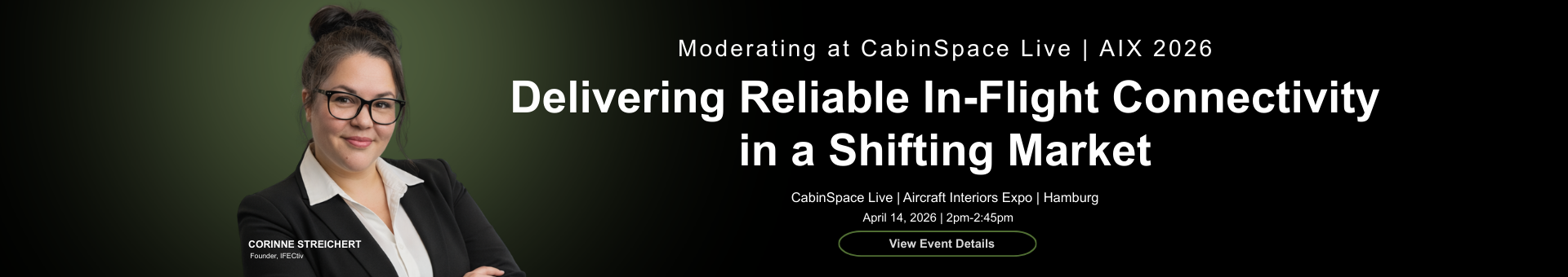 Corinne in a black suit with arms folded. Moderating at CabinSpace Live AIX 2026 - Delivering Reliable In-Flight Connectivity in a Shifting Market