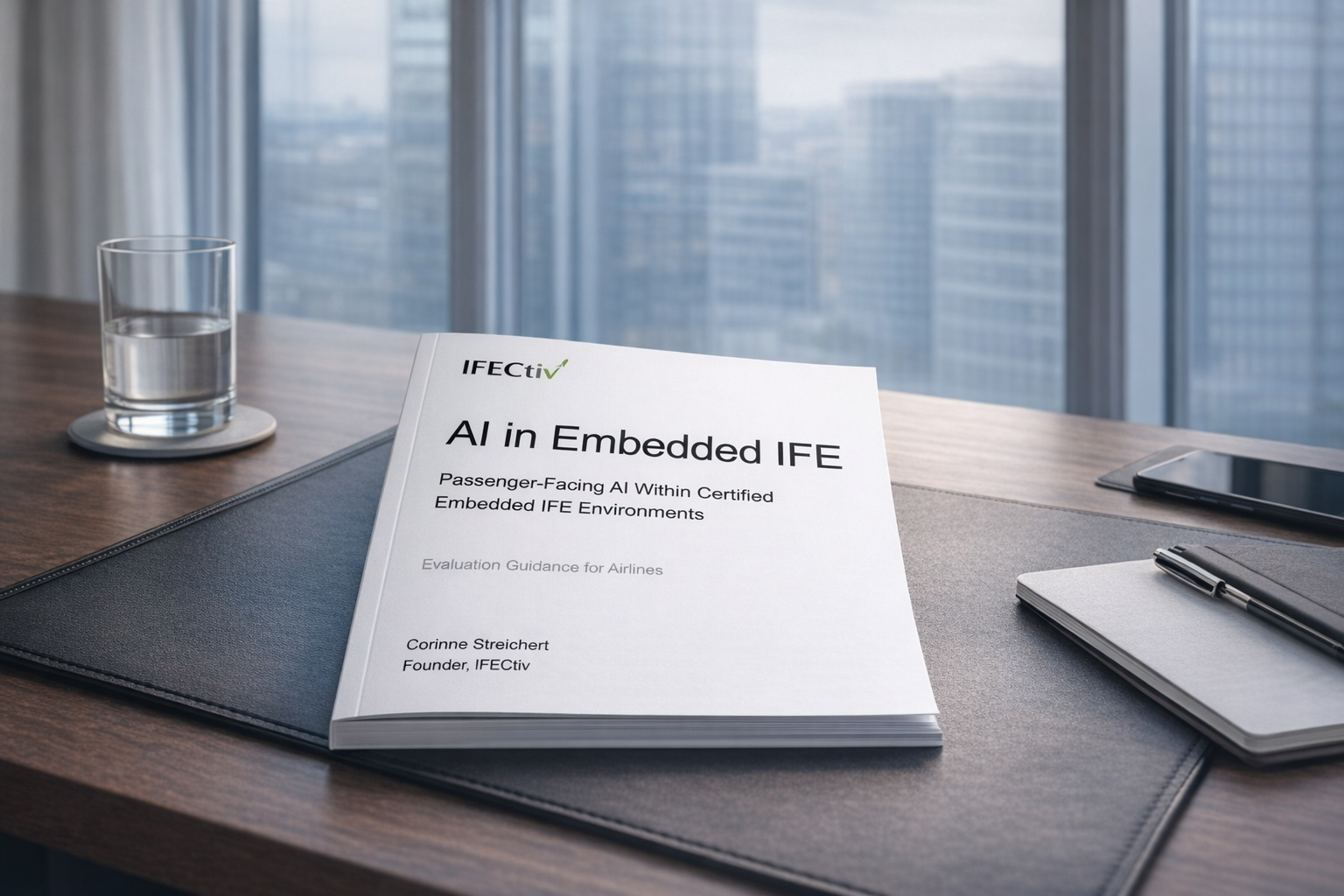 Image of the IFECtiv Industry Brief on a desk infront of a window.