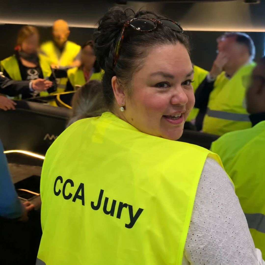 Corinne Streichert wearing a Crystal Cabin Award jury vest during judging activities in Hamburg.
