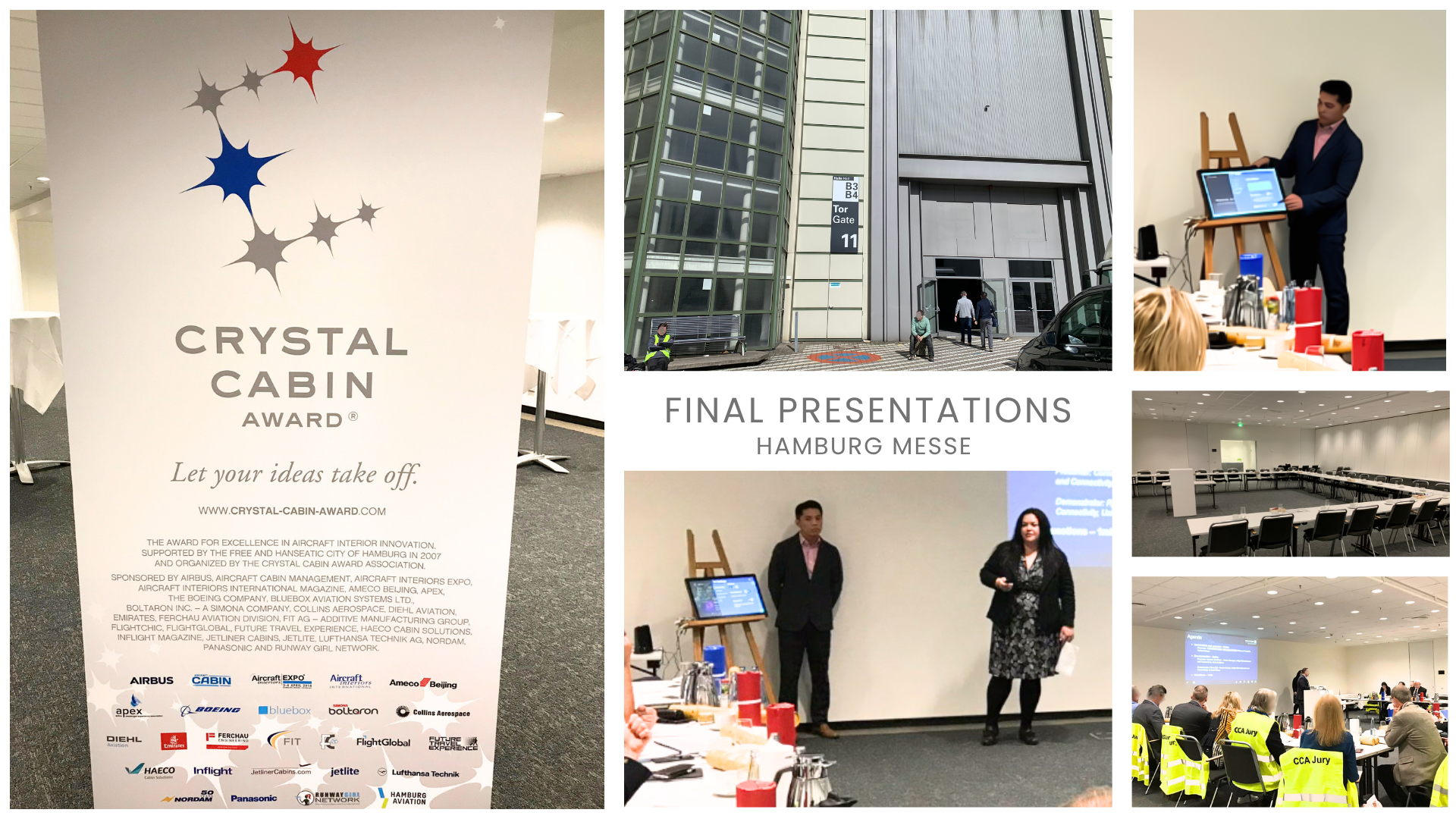 Corinne Streichert and the United Airlines team presenting the Entertainment for All inflight entertainment solution to Crystal Cabin Award judges in Hamburg in 2019.